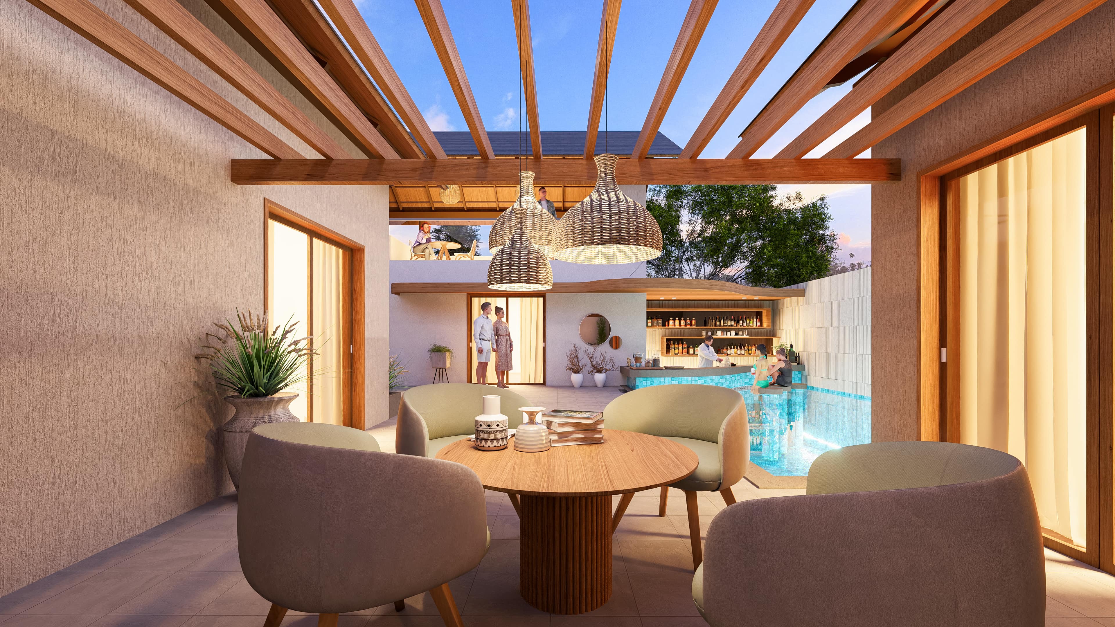 The Club House at Royal Ritz is a contemporary space designed for leisure and community gatherings, beautifully visualized by Realarch Studio to capture its elegance and vibrant ambiance.