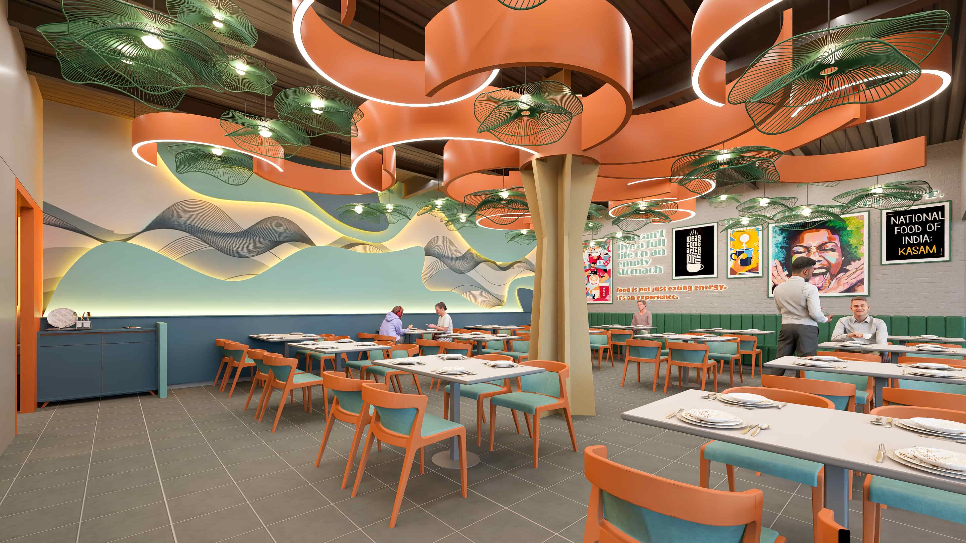 This North Indian Restaurant unfolds as a vibrant and lively dining space, rich in color, texture, and warmth, beautifully visualized by Realarch Studio to reflect its energetic ambiance and the soulful essence of Indian culture.