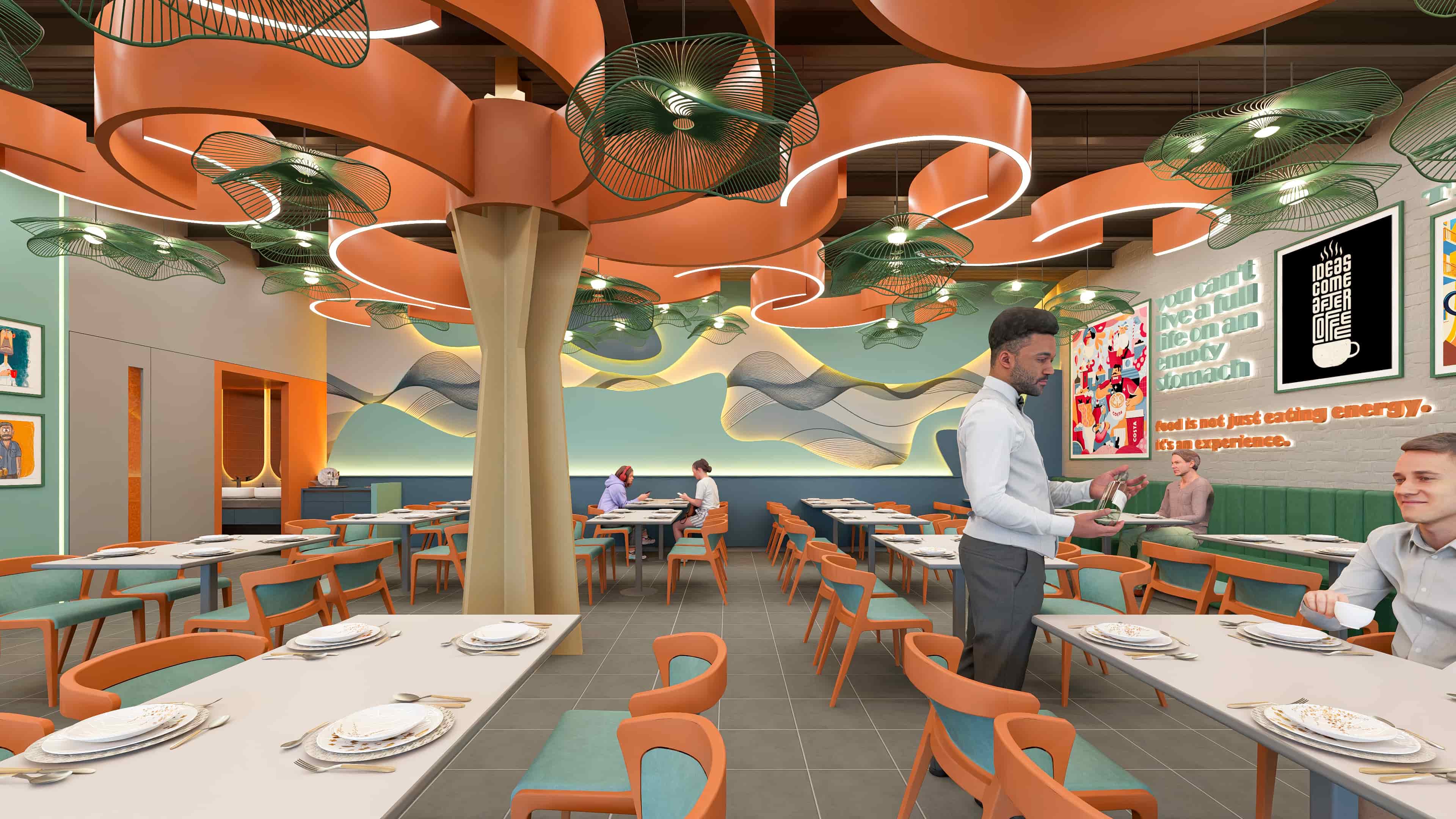 This North Indian Restaurant unfolds as a vibrant and lively dining space, rich in color, texture, and warmth, beautifully visualized by Realarch Studio to reflect its energetic ambiance and the soulful essence of Indian culture.