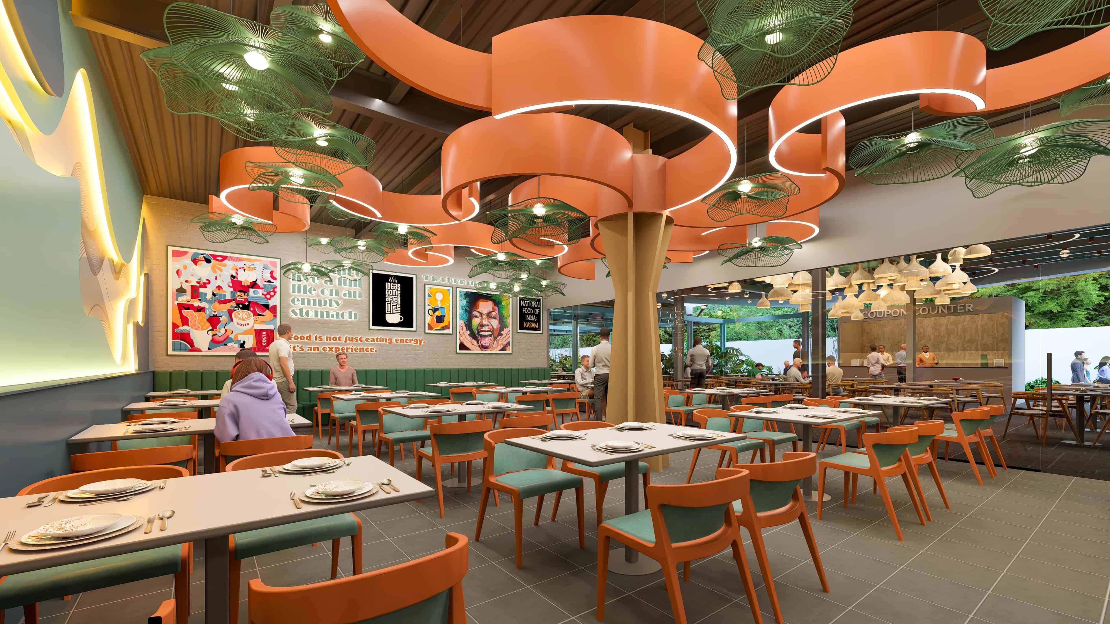 This North Indian Restaurant unfolds as a vibrant and lively dining space, rich in color, texture, and warmth, beautifully visualized by Realarch Studio to reflect its energetic ambiance and the soulful essence of Indian culture.