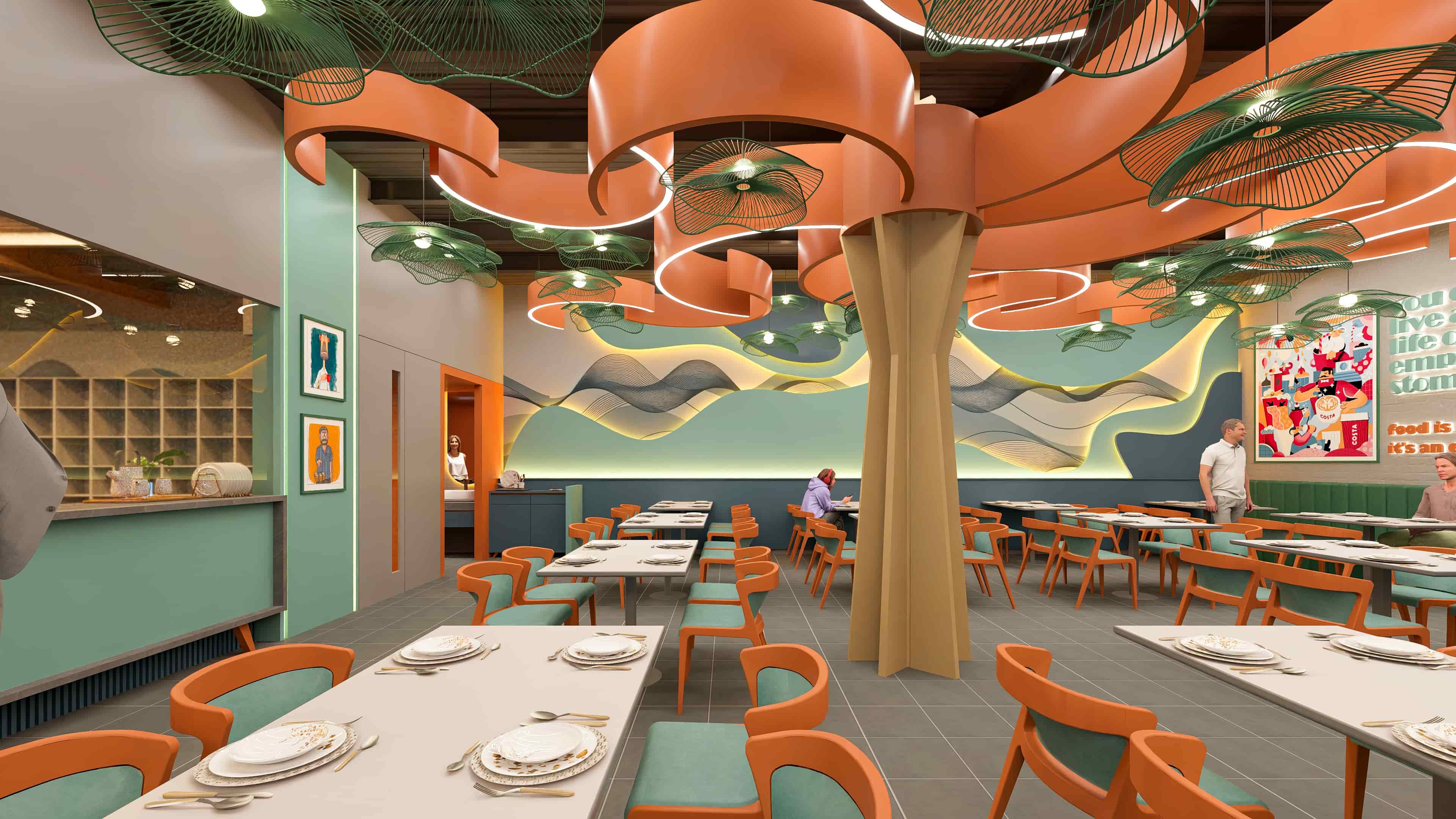 This North Indian Restaurant unfolds as a vibrant and lively dining space, rich in color, texture, and warmth, beautifully visualized by Realarch Studio to reflect its energetic ambiance and the soulful essence of Indian culture.