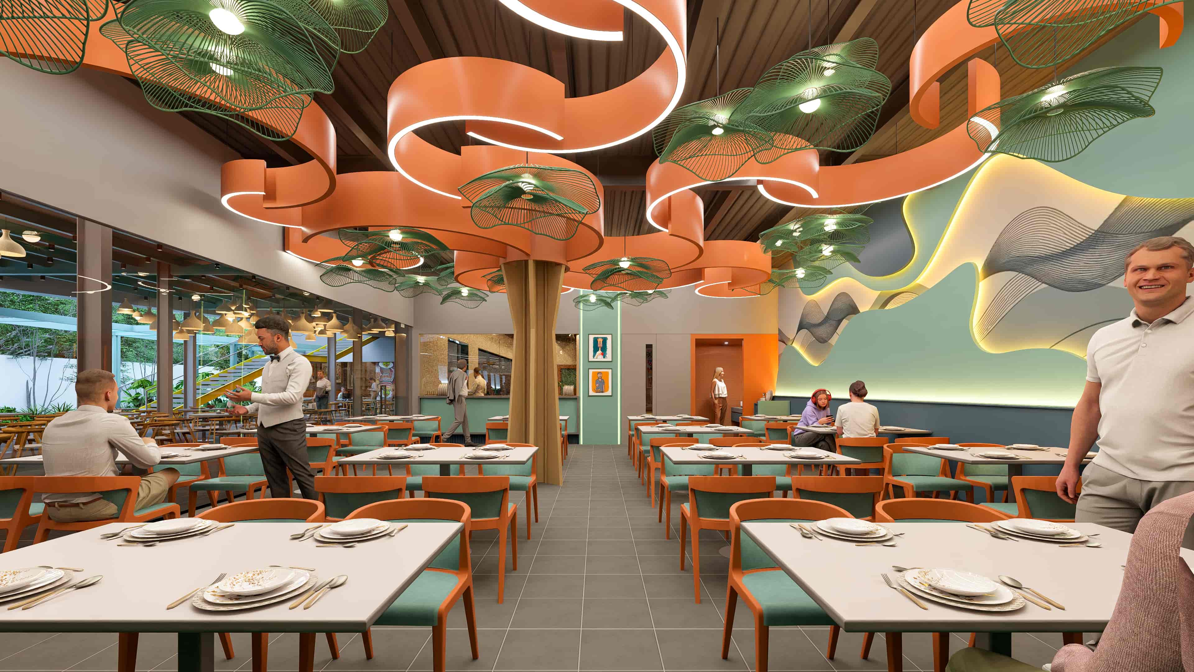 This North Indian Restaurant unfolds as a vibrant and lively dining space, rich in color, texture, and warmth, beautifully visualized by Realarch Studio to reflect its energetic ambiance and the soulful essence of Indian culture.