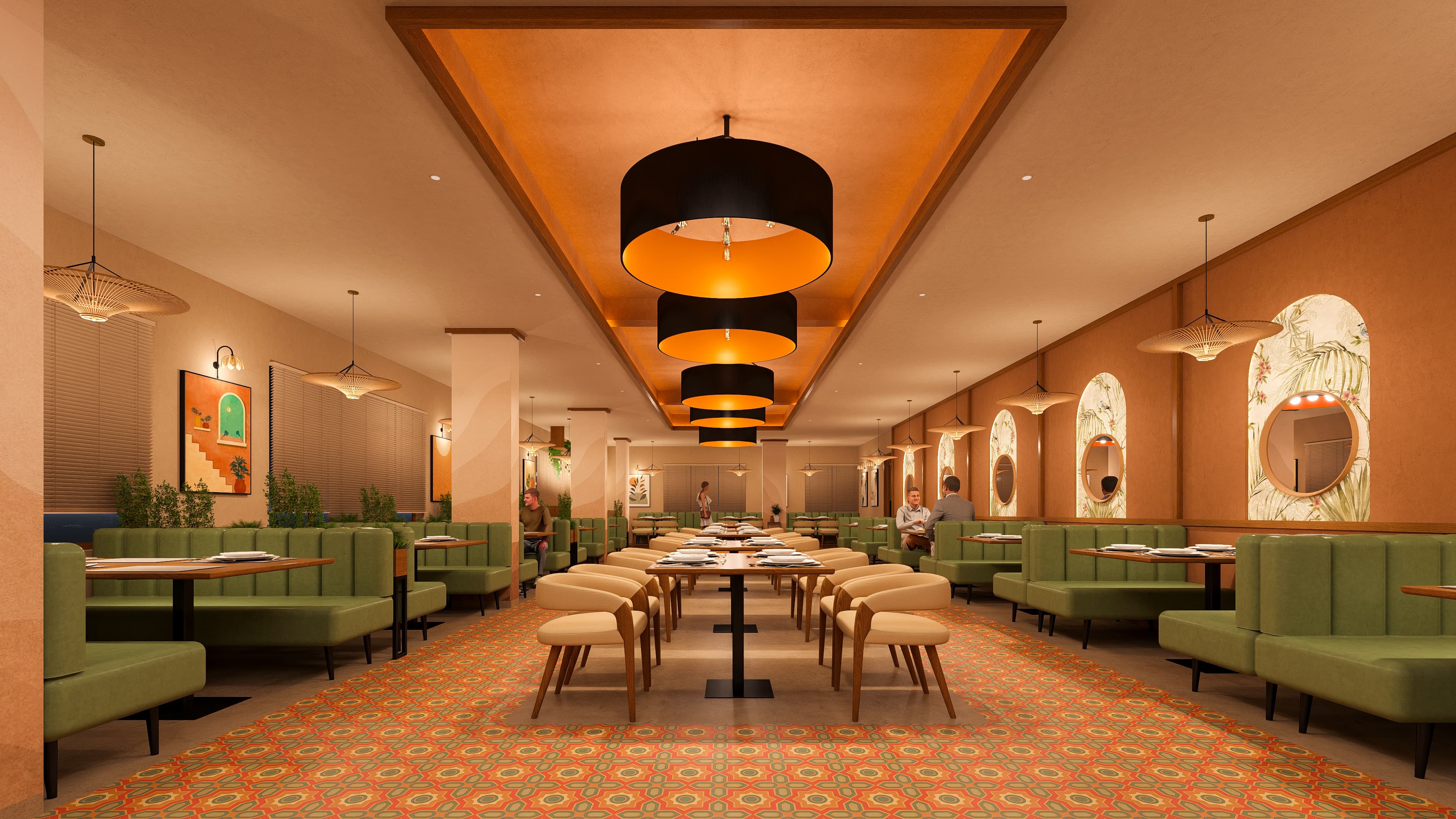 A culinary space blending tradition with modern charm, vividly visualized by Realarch Studio to capture its glow, and classic sense of sophistication.