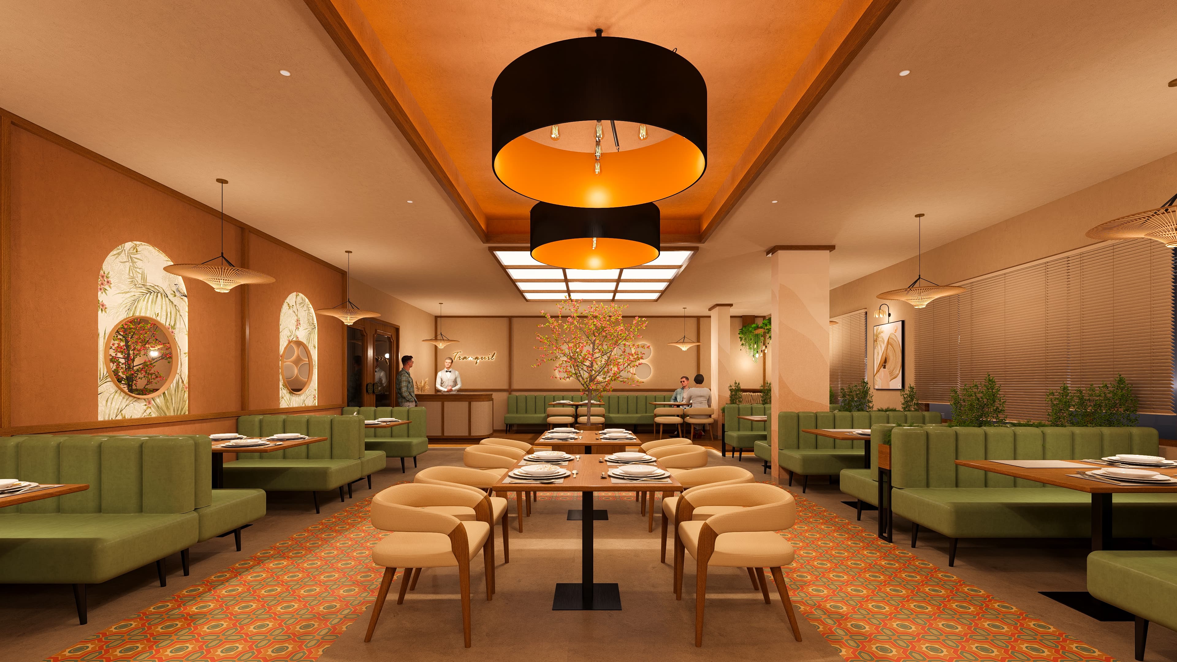 A culinary space blending tradition with modern charm, vividly visualized by Realarch Studio to capture its glow, and classic sense of sophistication.