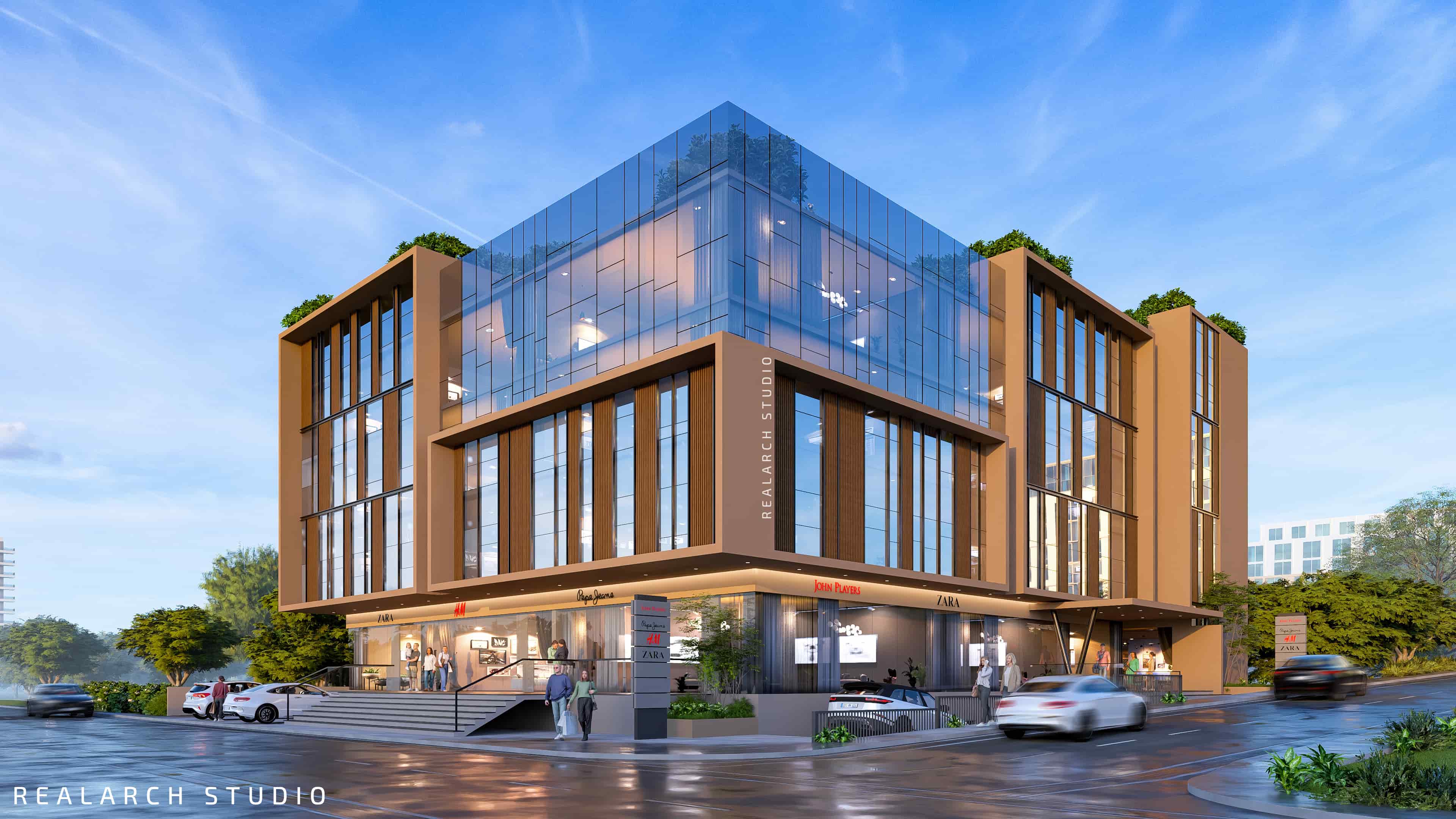 Commercial designs, visualized by Realarch Studio, reflects a strong architectural identity shaped for today’s dynamic business world.