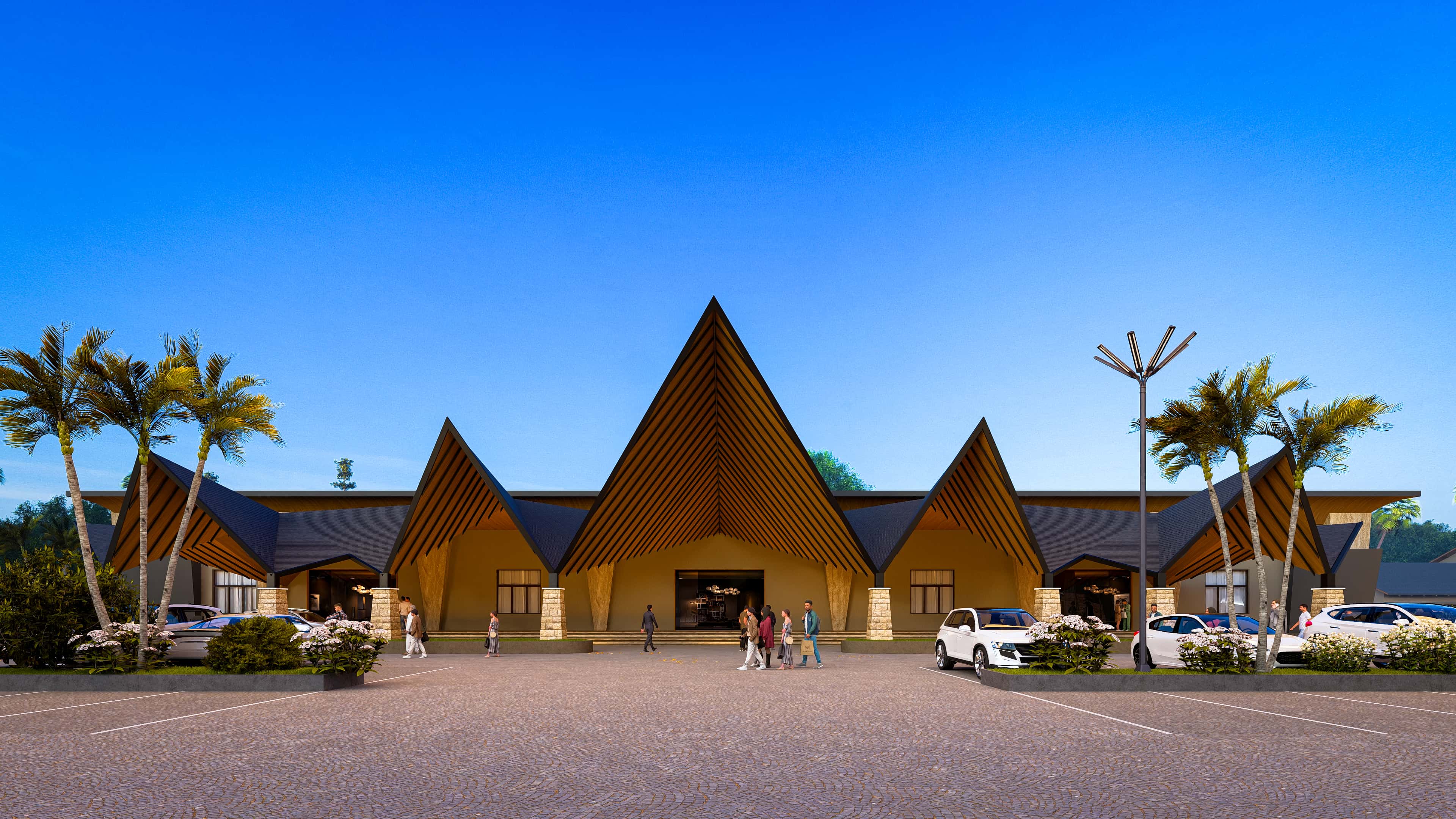 A contemporary design language, marked by bold angular roofs. The structure reflects a sense of openness and modern identity while staying rooted in regional context, visualized by Realarch Studio.