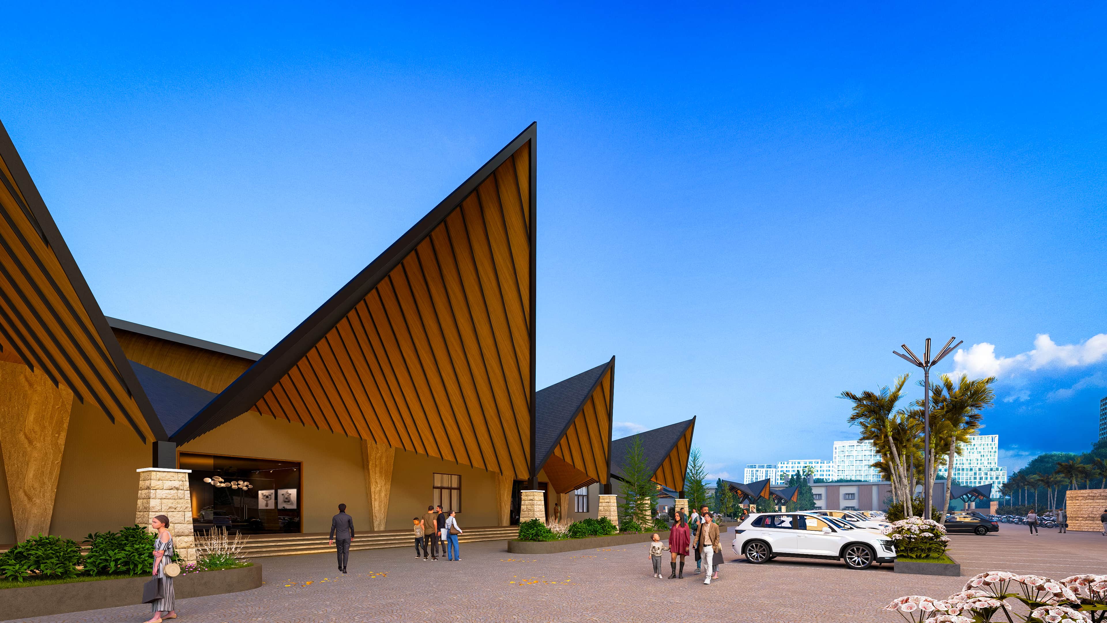 A contemporary design language, marked by bold angular roofs. The structure reflects a sense of openness and modern identity while staying rooted in regional context, visualized by Realarch Studio.