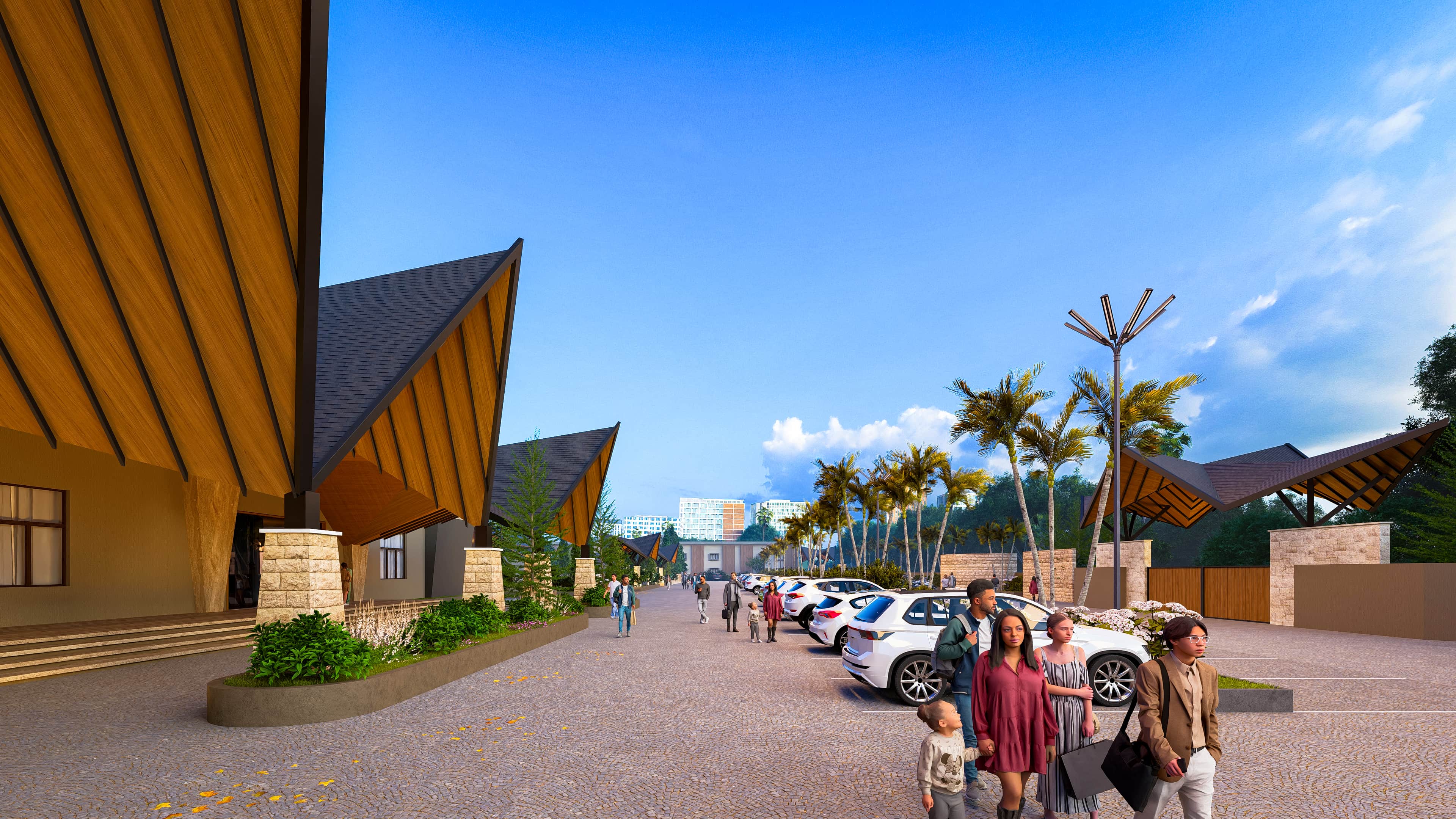 A contemporary design language, marked by bold angular roofs. The structure reflects a sense of openness and modern identity while staying rooted in regional context, visualized by Realarch Studio.