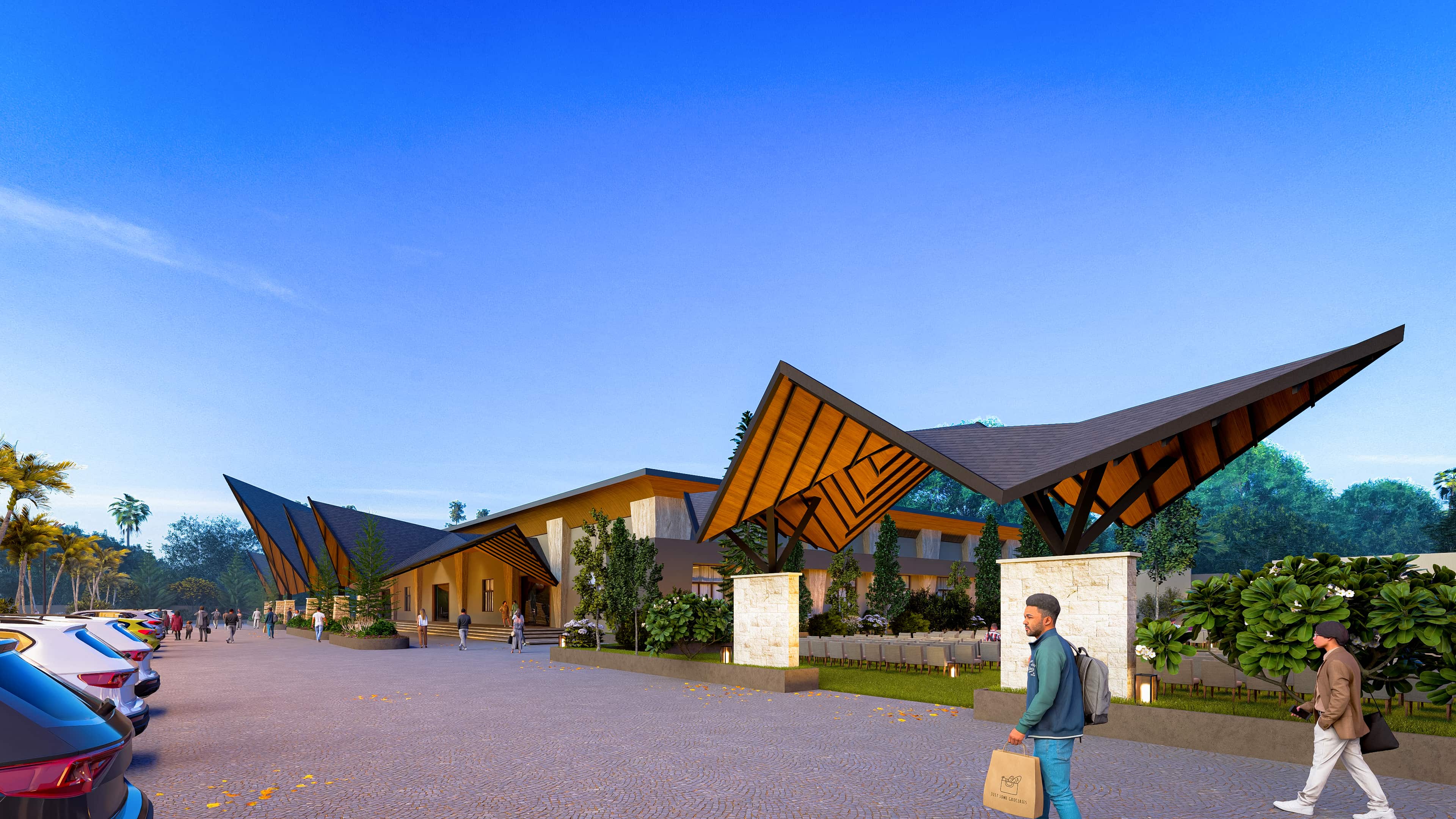 A contemporary design language, marked by bold angular roofs. The structure reflects a sense of openness and modern identity while staying rooted in regional context, visualized by Realarch Studio.