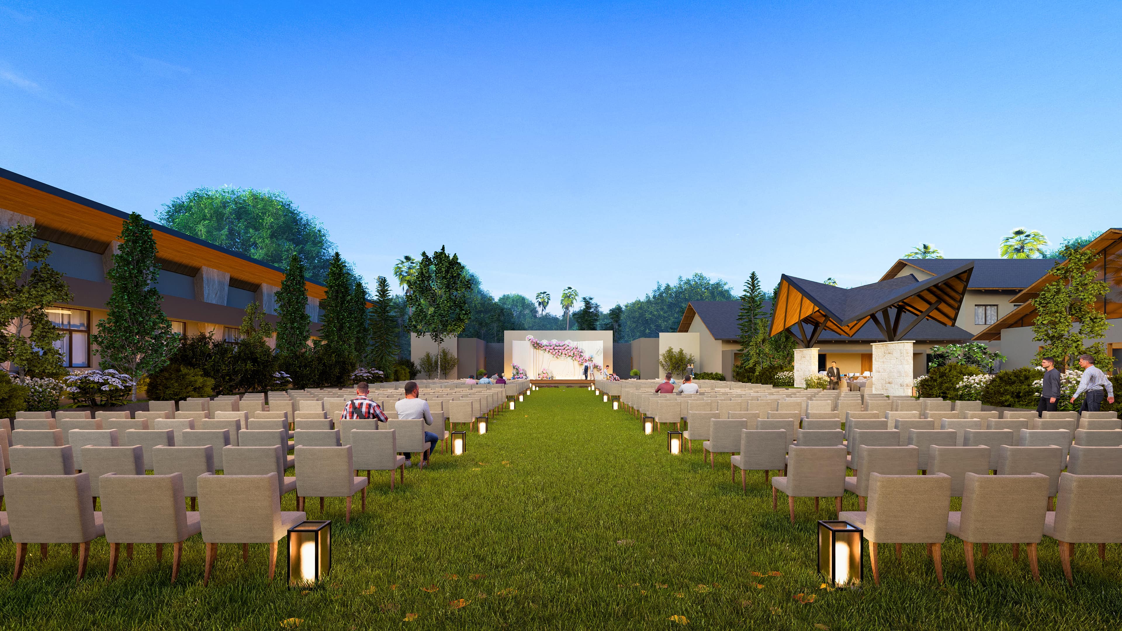 A contemporary design language, marked by bold angular roofs. The structure reflects a sense of openness and modern identity while staying rooted in regional context, visualized by Realarch Studio.