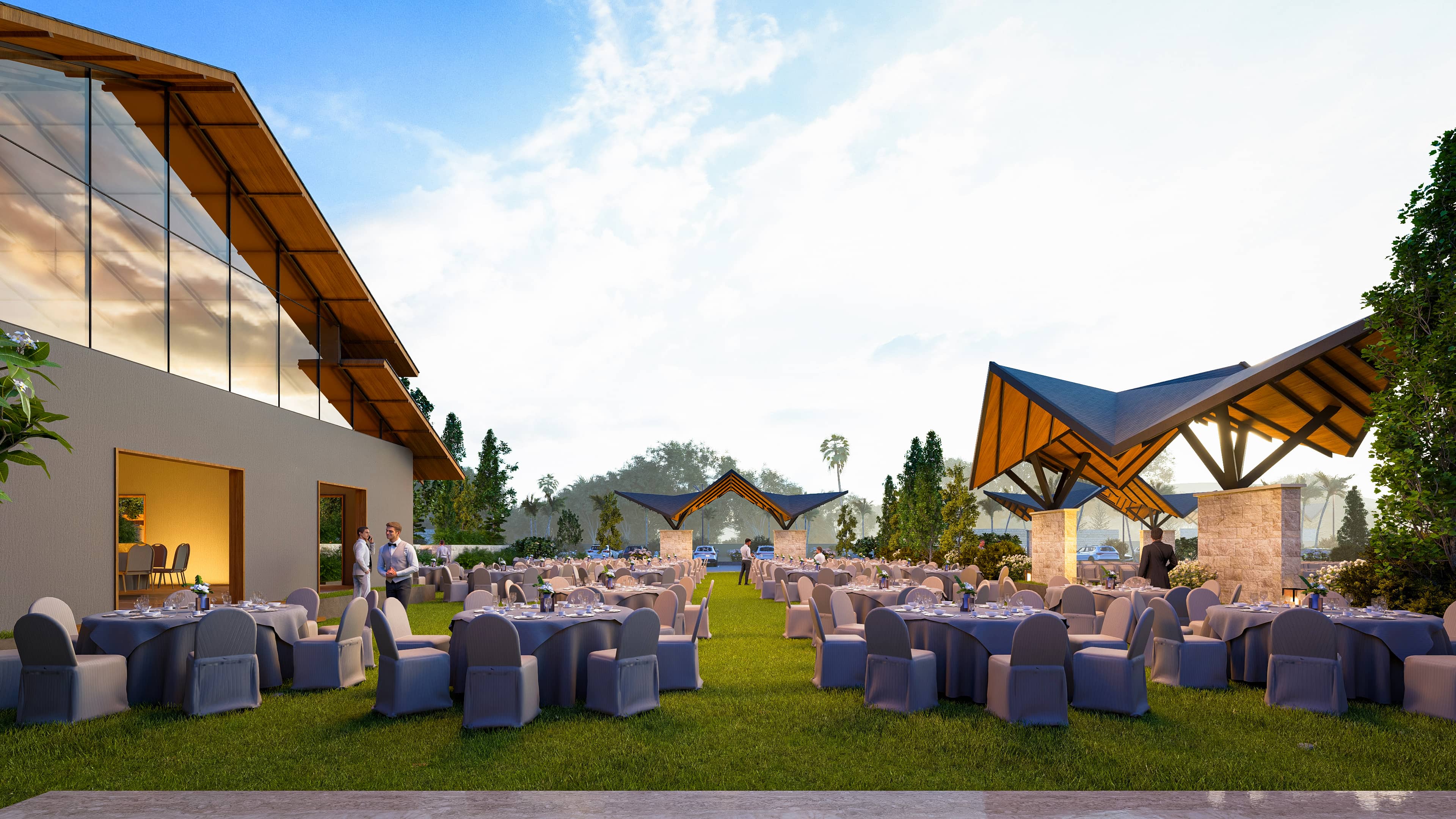 A contemporary design language, marked by bold angular roofs. The structure reflects a sense of openness and modern identity while staying rooted in regional context, visualized by Realarch Studio.