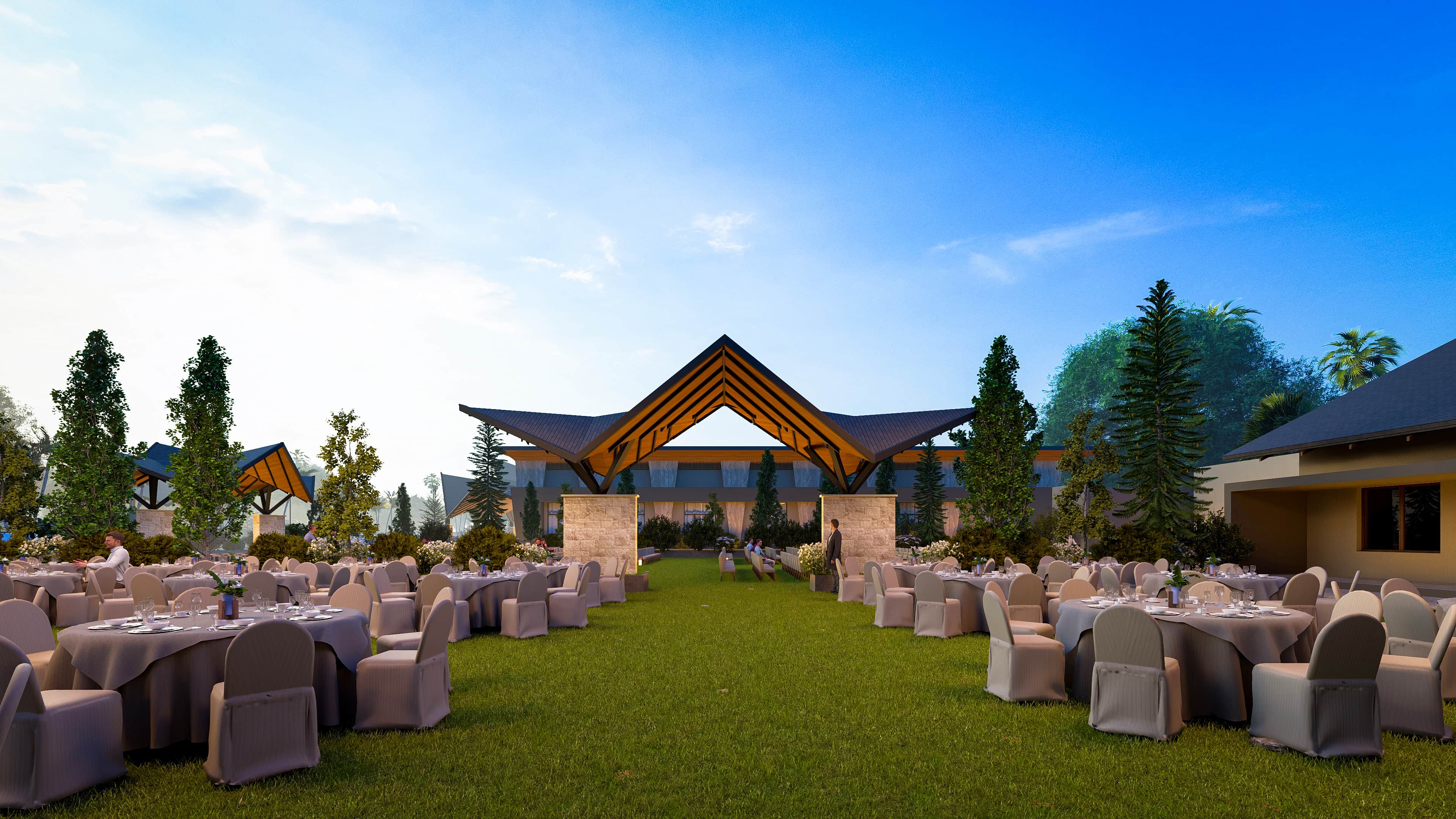 A contemporary design language, marked by bold angular roofs. The structure reflects a sense of openness and modern identity while staying rooted in regional context, visualized by Realarch Studio.