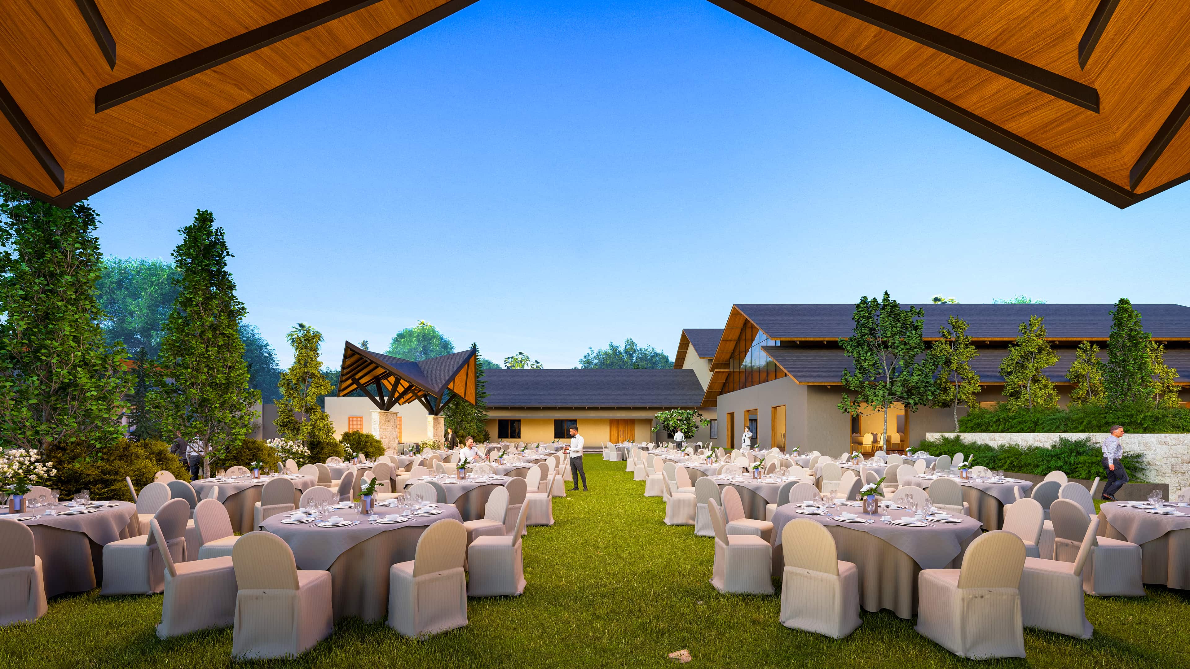 A contemporary design language, marked by bold angular roofs. The structure reflects a sense of openness and modern identity while staying rooted in regional context, visualized by Realarch Studio.