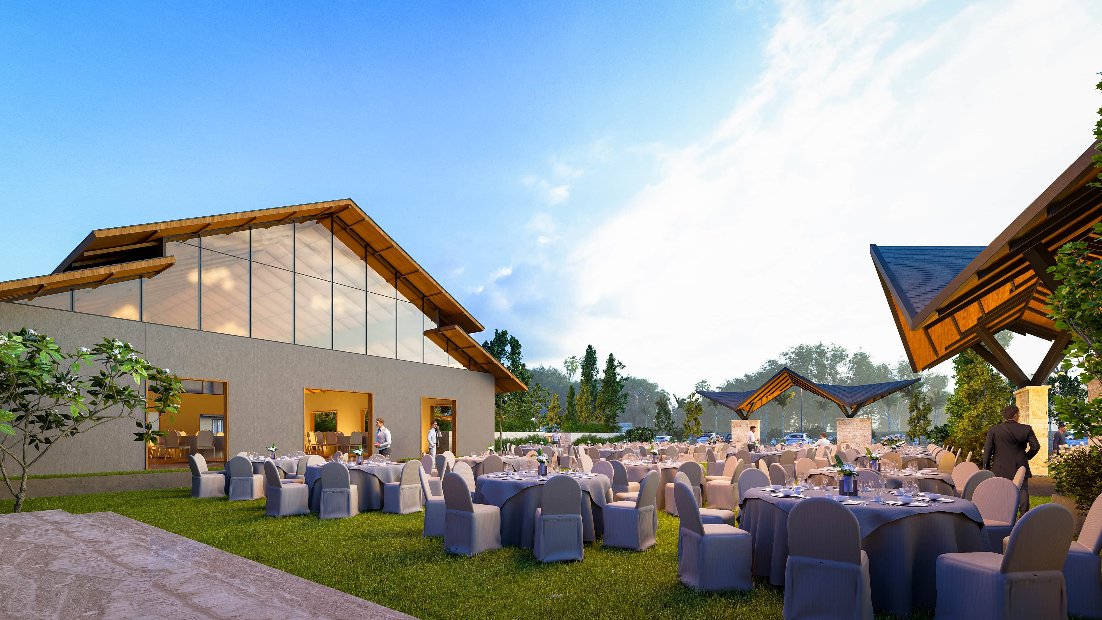 A contemporary design language, marked by bold angular roofs. The structure reflects a sense of openness and modern identity while staying rooted in regional context, visualized by Realarch Studio.