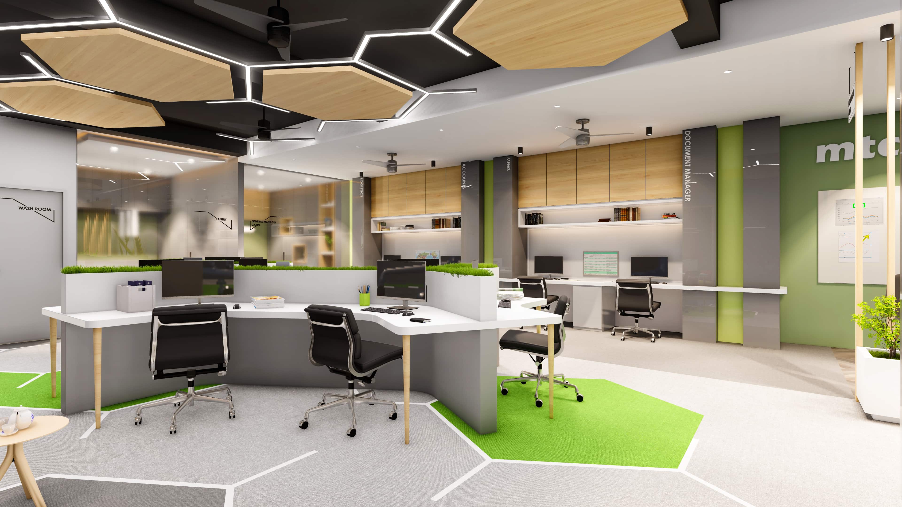 A thoughtfully designed workspace with a clean and composed aesthetic, visualized by Realarch Studio to create a professional and comfortable environment.