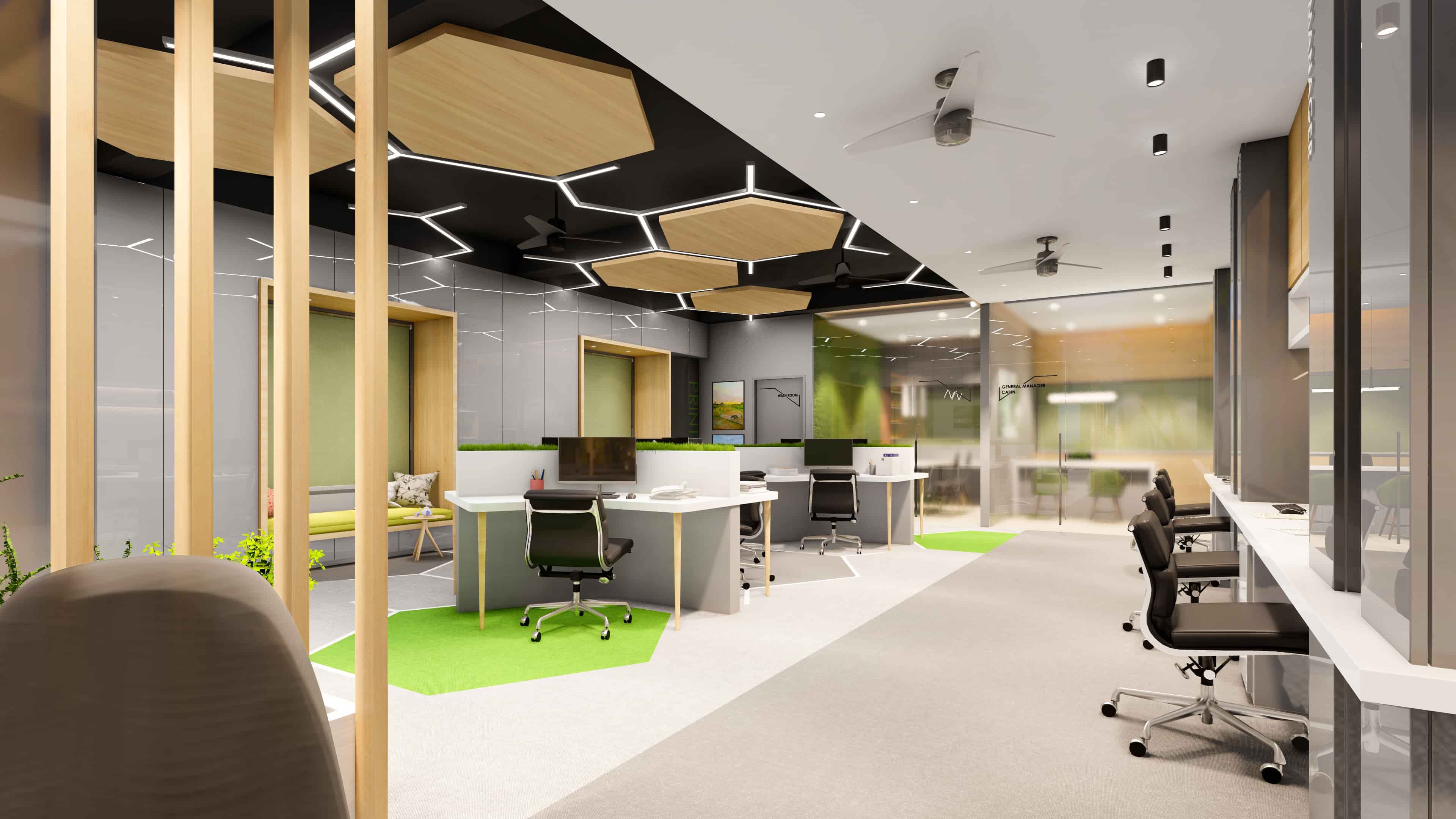 A thoughtfully designed workspace with a clean and composed aesthetic, visualized by Realarch Studio to create a professional and comfortable environment.