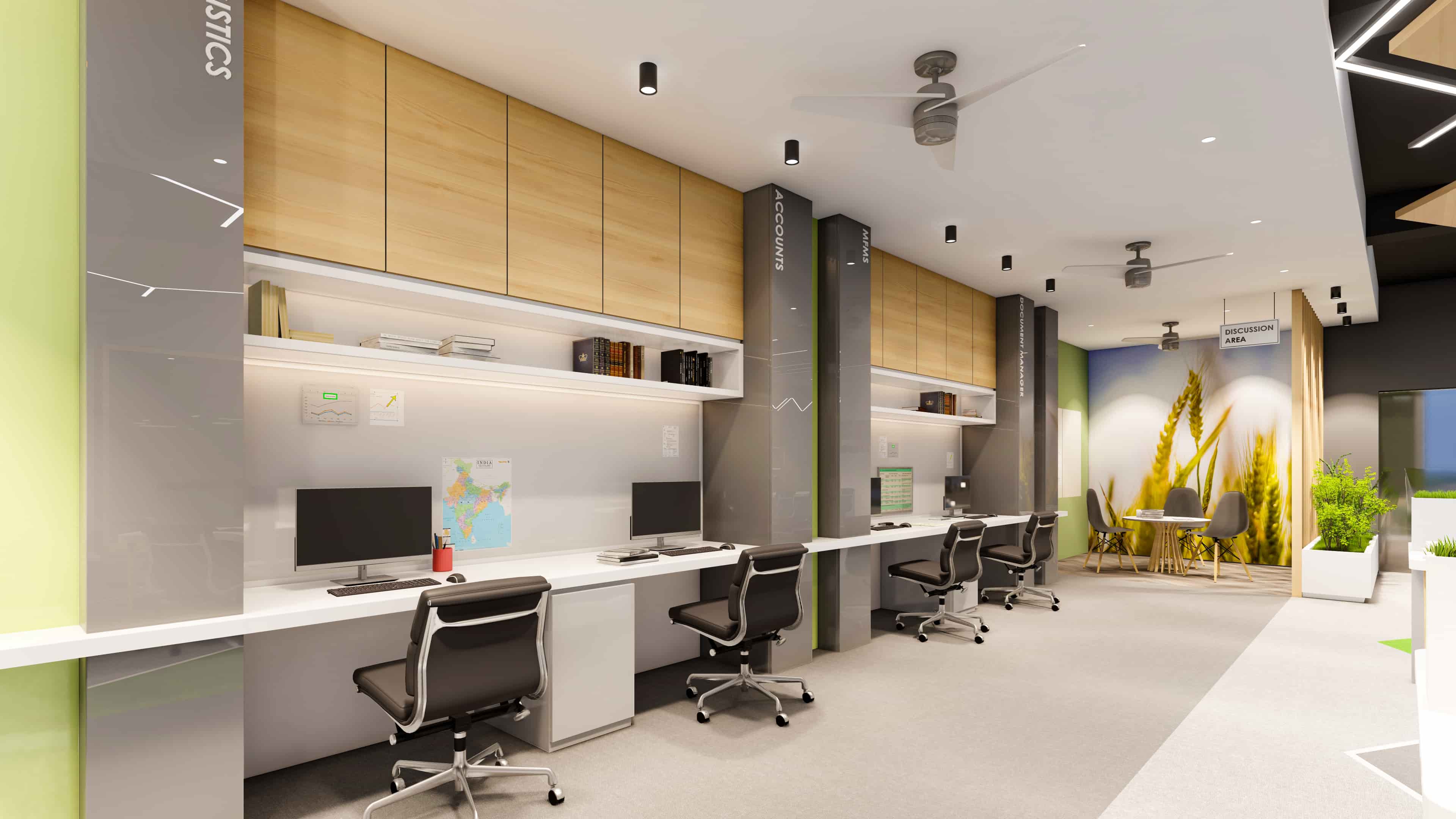 A thoughtfully designed workspace with a clean and composed aesthetic, visualized by Realarch Studio to create a professional and comfortable environment.