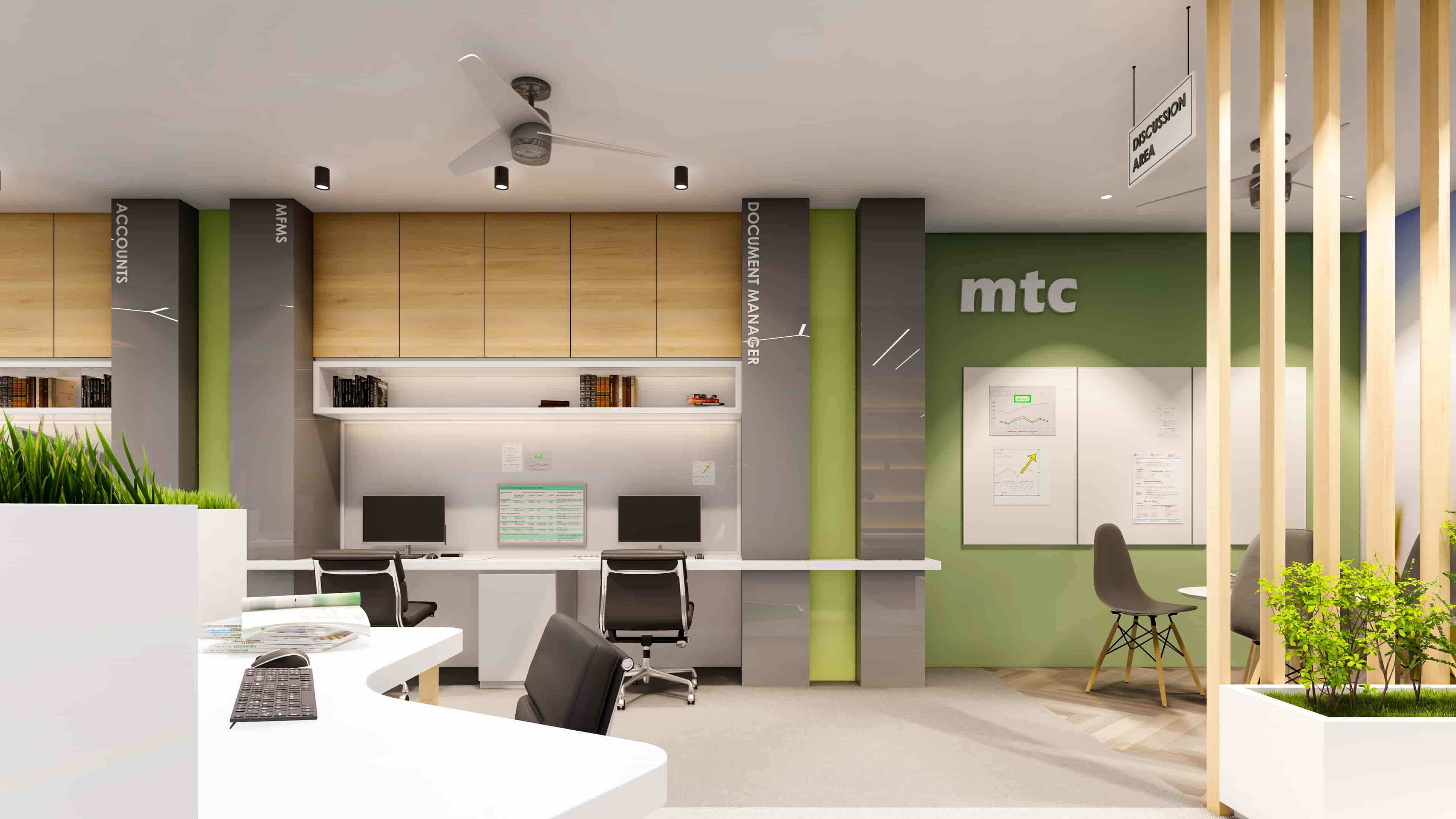 A thoughtfully designed workspace with a clean and composed aesthetic, visualized by Realarch Studio to create a professional and comfortable environment.