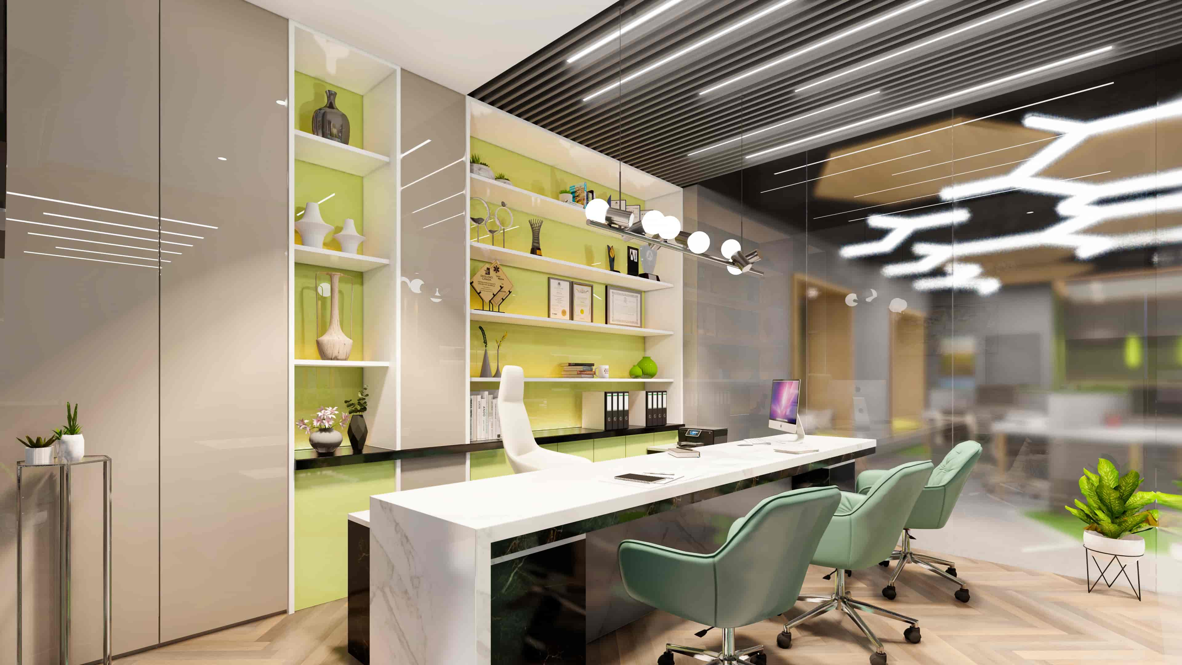 A thoughtfully designed workspace with a clean and composed aesthetic, visualized by Realarch Studio to create a professional and comfortable environment.