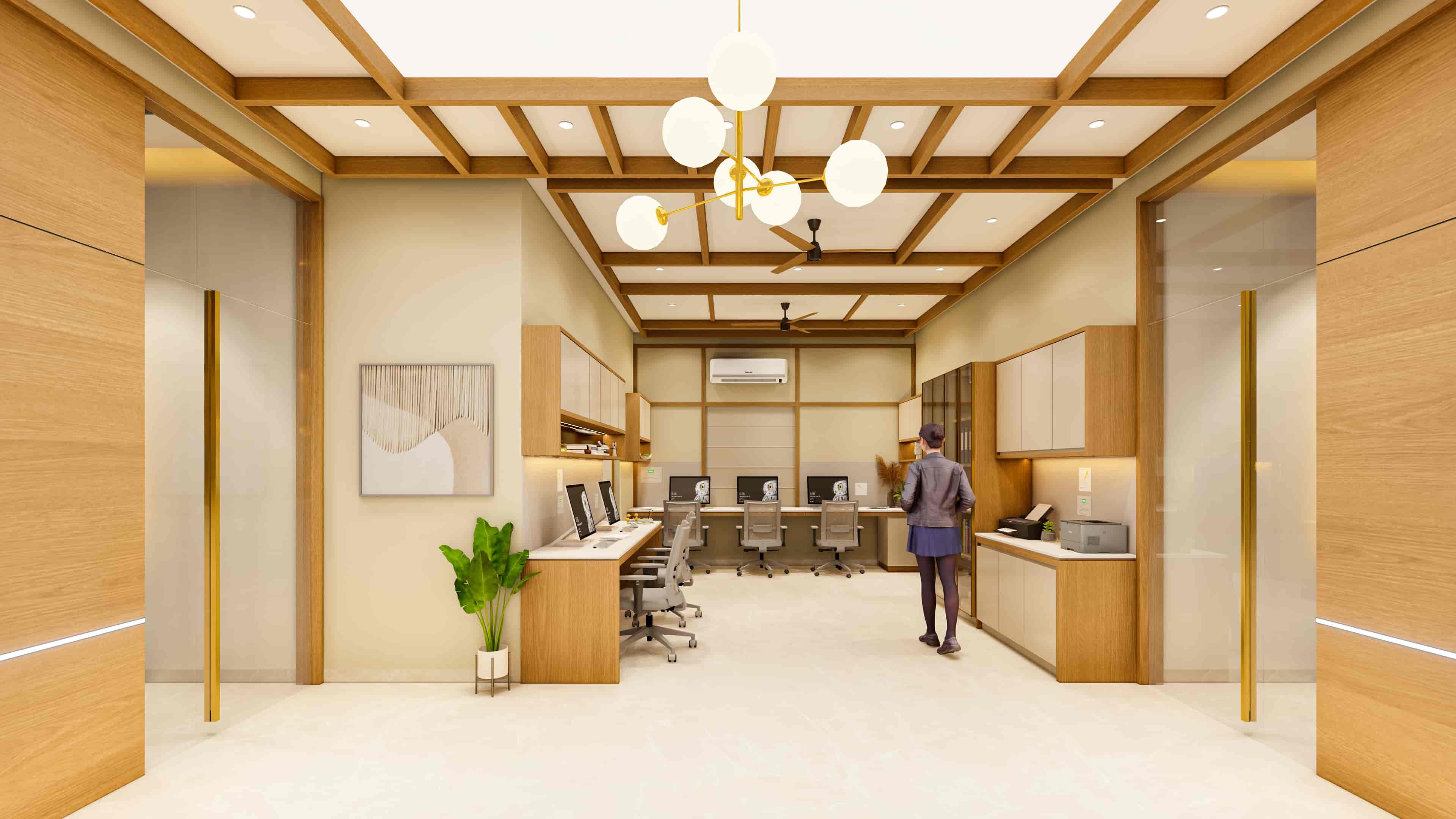A thoughtfully designed workspace with a clean and composed aesthetic, visualized by Realarch Studio to create a professional and comfortable environment.