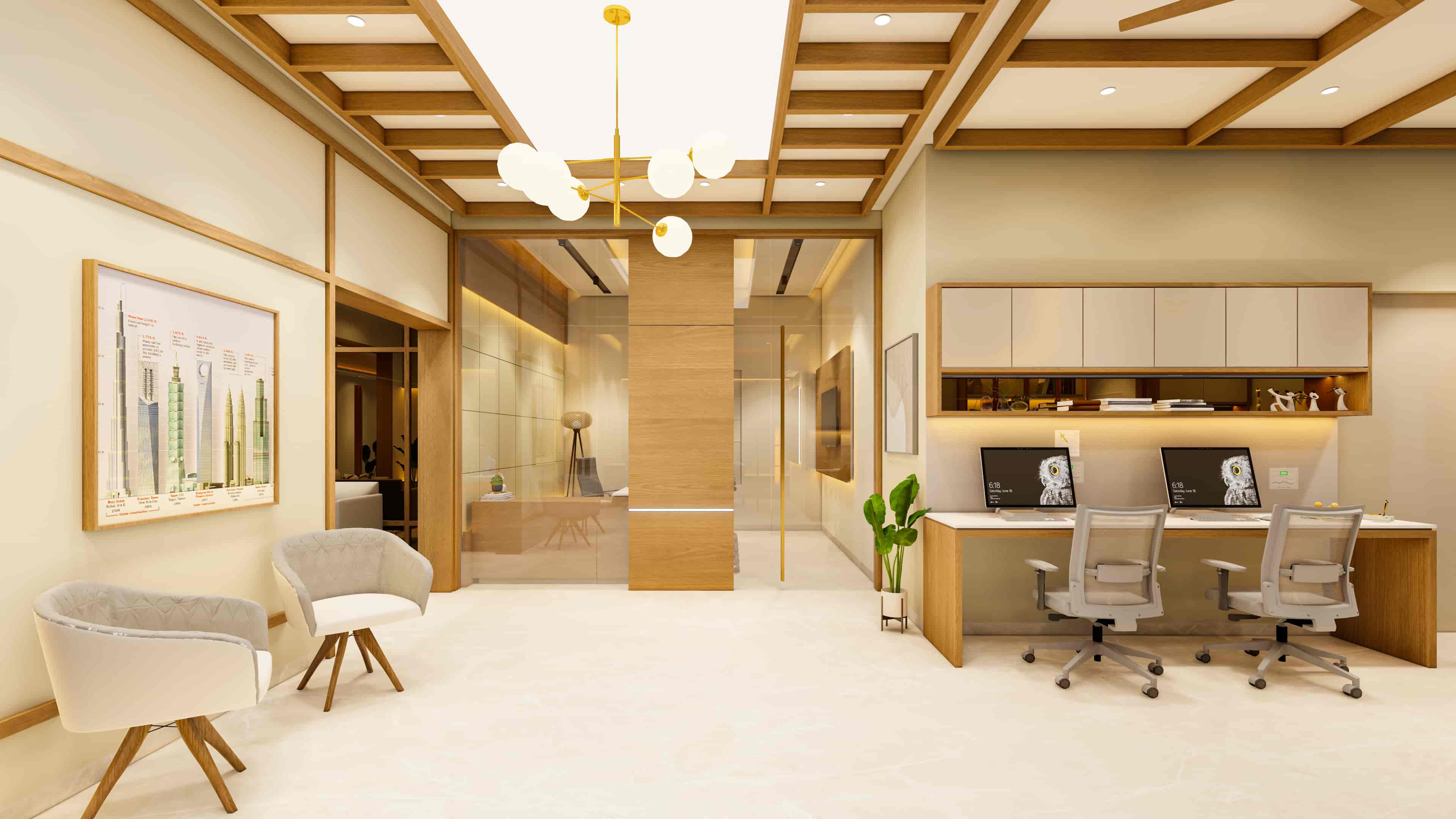 A thoughtfully designed workspace with a clean and composed aesthetic, visualized by Realarch Studio to create a professional and comfortable environment.