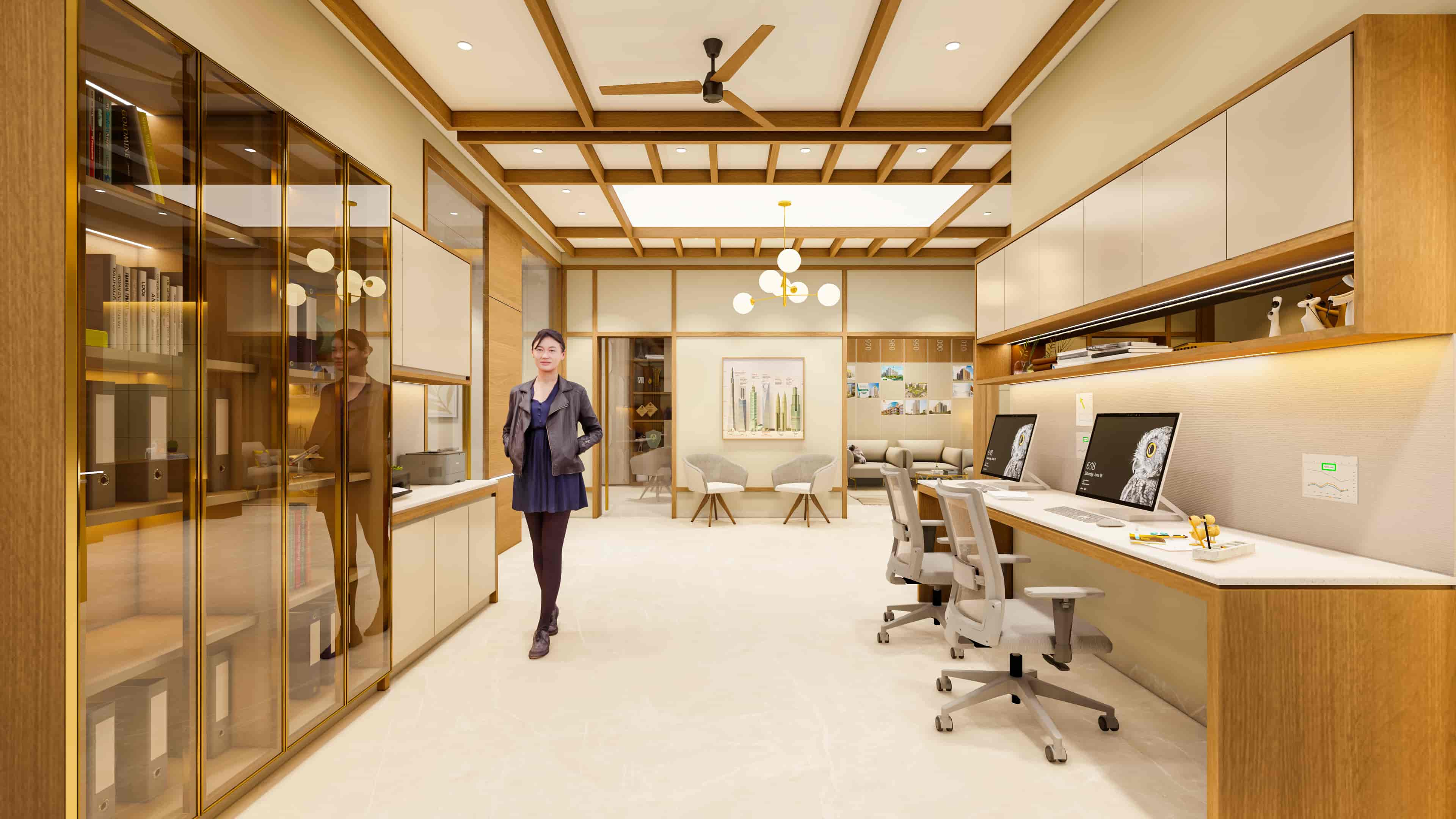 A thoughtfully designed workspace with a clean and composed aesthetic, visualized by Realarch Studio to create a professional and comfortable environment.