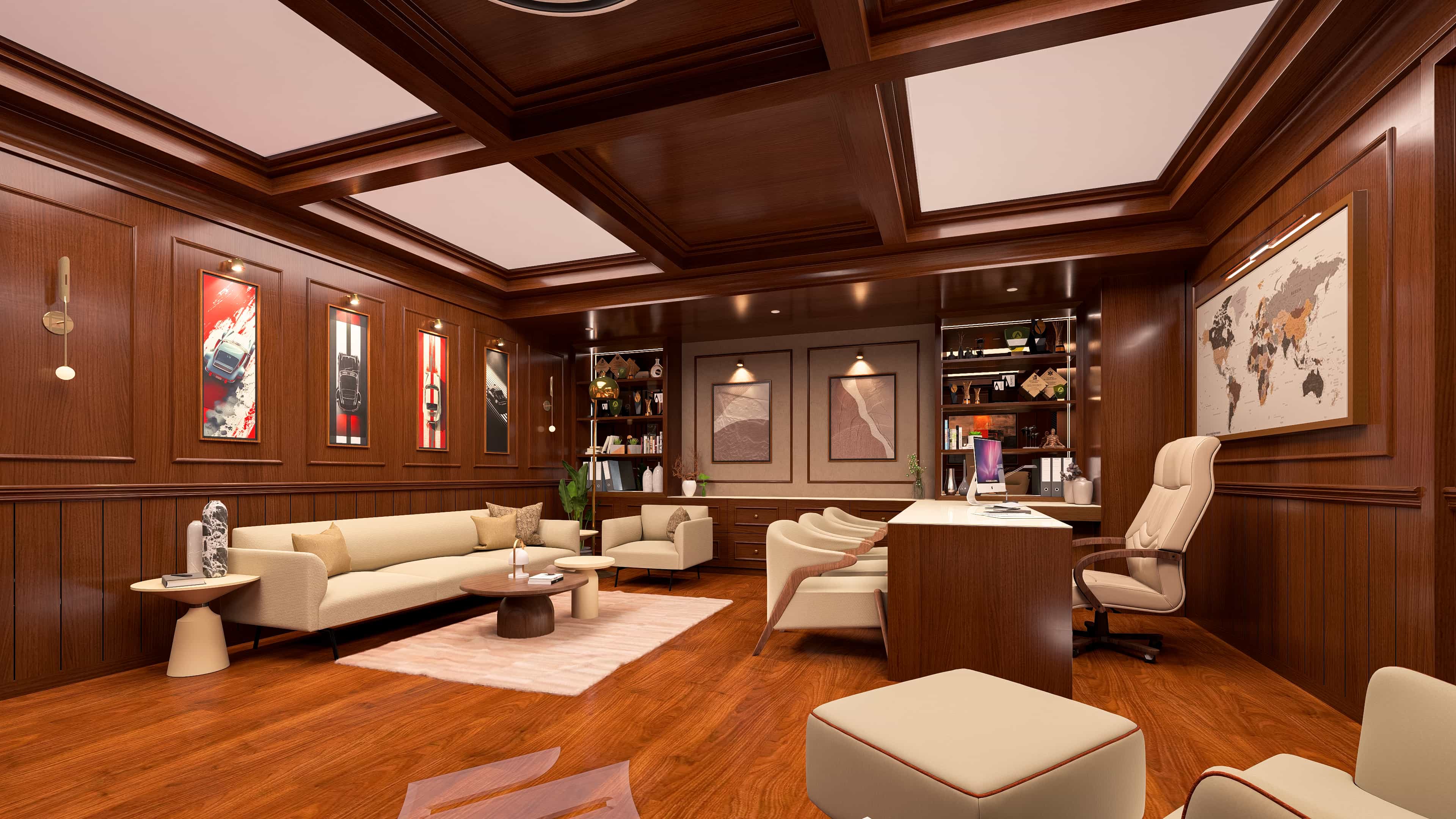 Classical MD Cabin, designed for the Suzuki showroom, embraces a traditional design approach with soft tones and intricate detailing, visualized by Realarch Studio to create a dignified work environment.