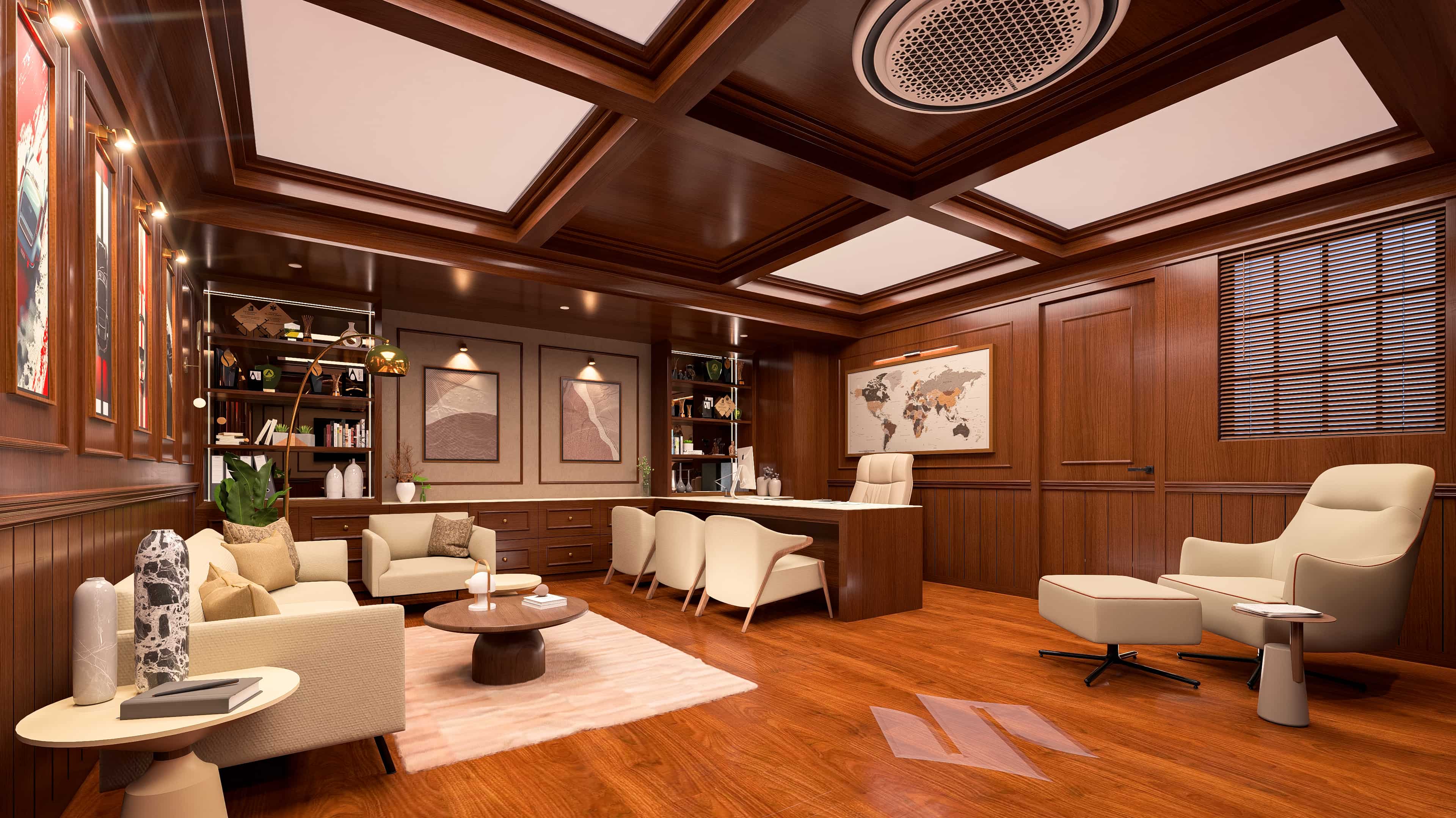 Classical MD Cabin, designed for the Suzuki showroom, embraces a traditional design approach with soft tones and intricate detailing, visualized by Realarch Studio to create a dignified work environment.