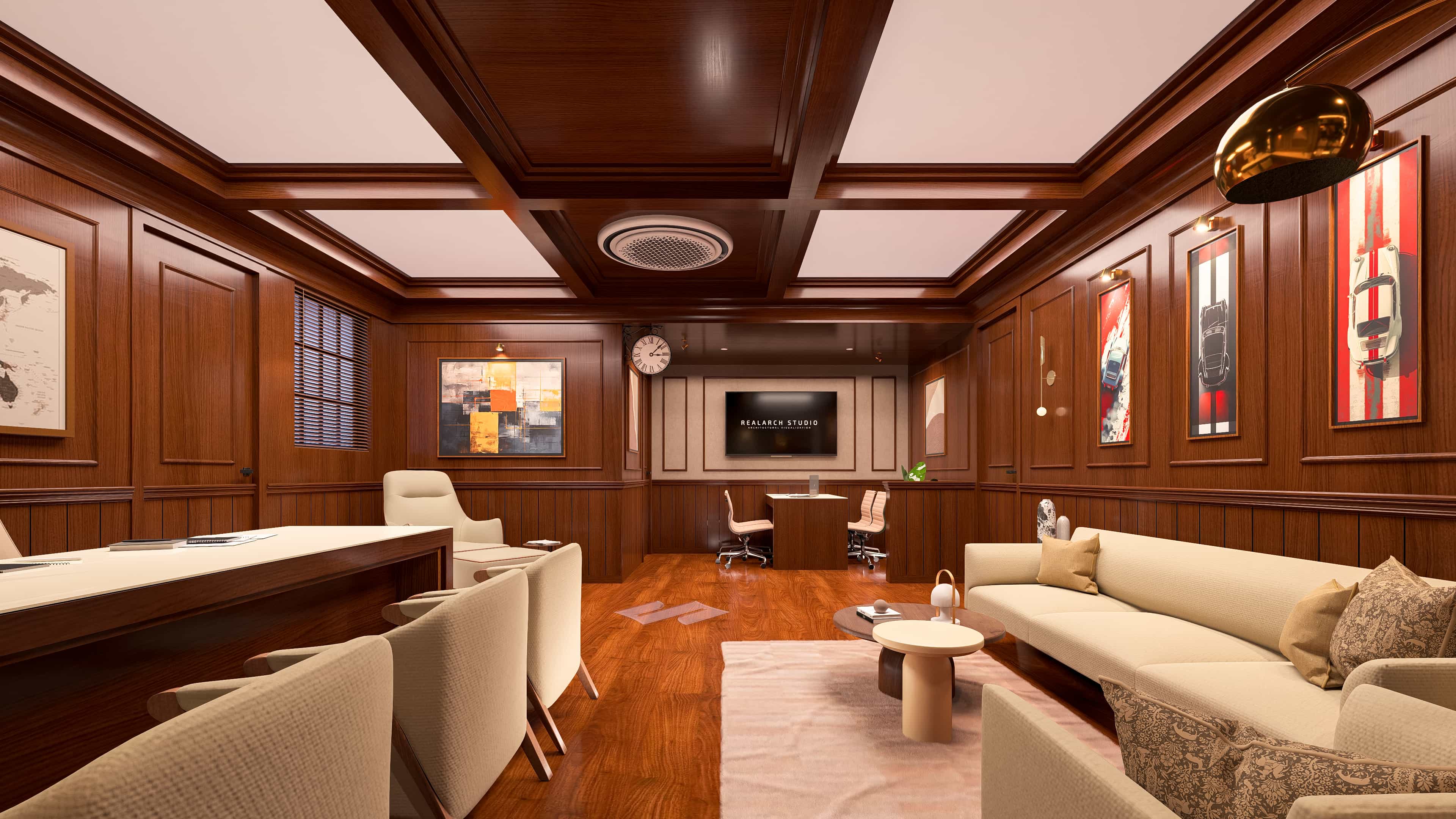 Classical MD Cabin, designed for the Suzuki showroom, embraces a traditional design approach with soft tones and intricate detailing, visualized by Realarch Studio to create a dignified work environment.