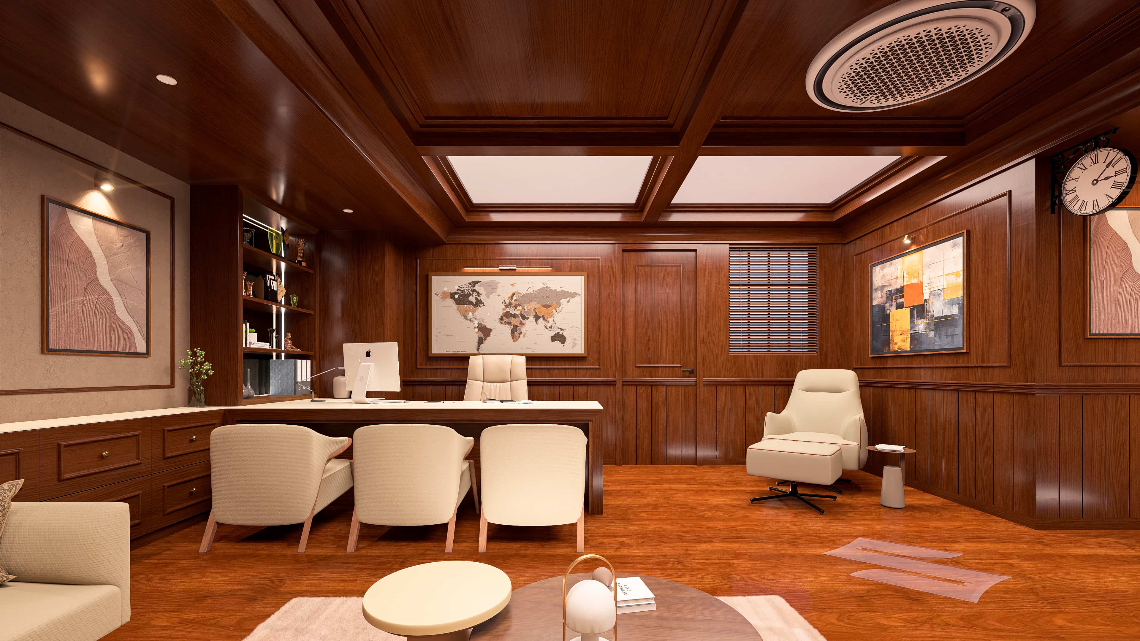 Classical MD Cabin, designed for the Suzuki showroom, embraces a traditional design approach with soft tones and intricate detailing, visualized by Realarch Studio to create a dignified work environment.