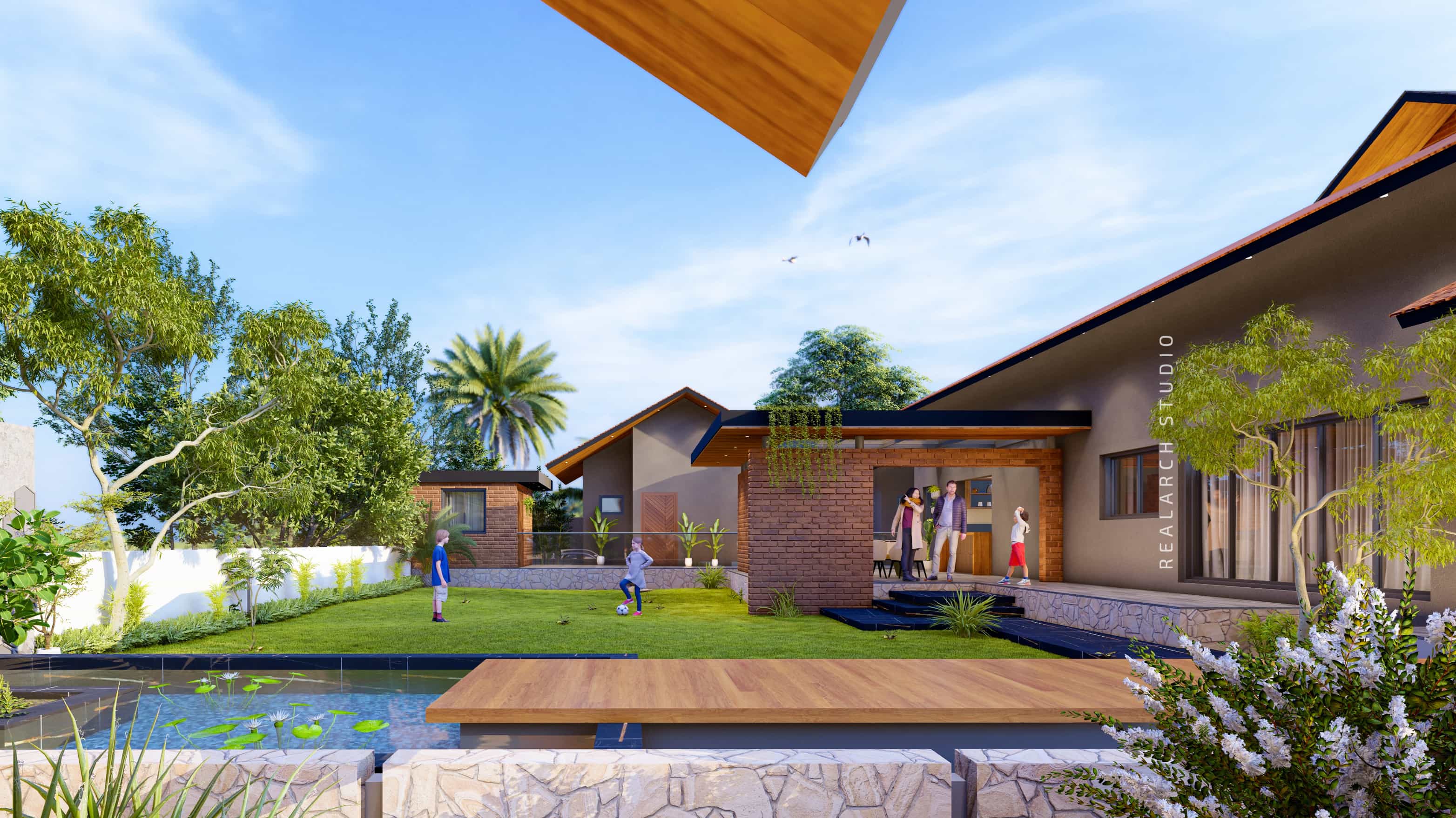  This farmhouse is envisioned as a serene surrounded by nature, visualized by Realarch Studio.