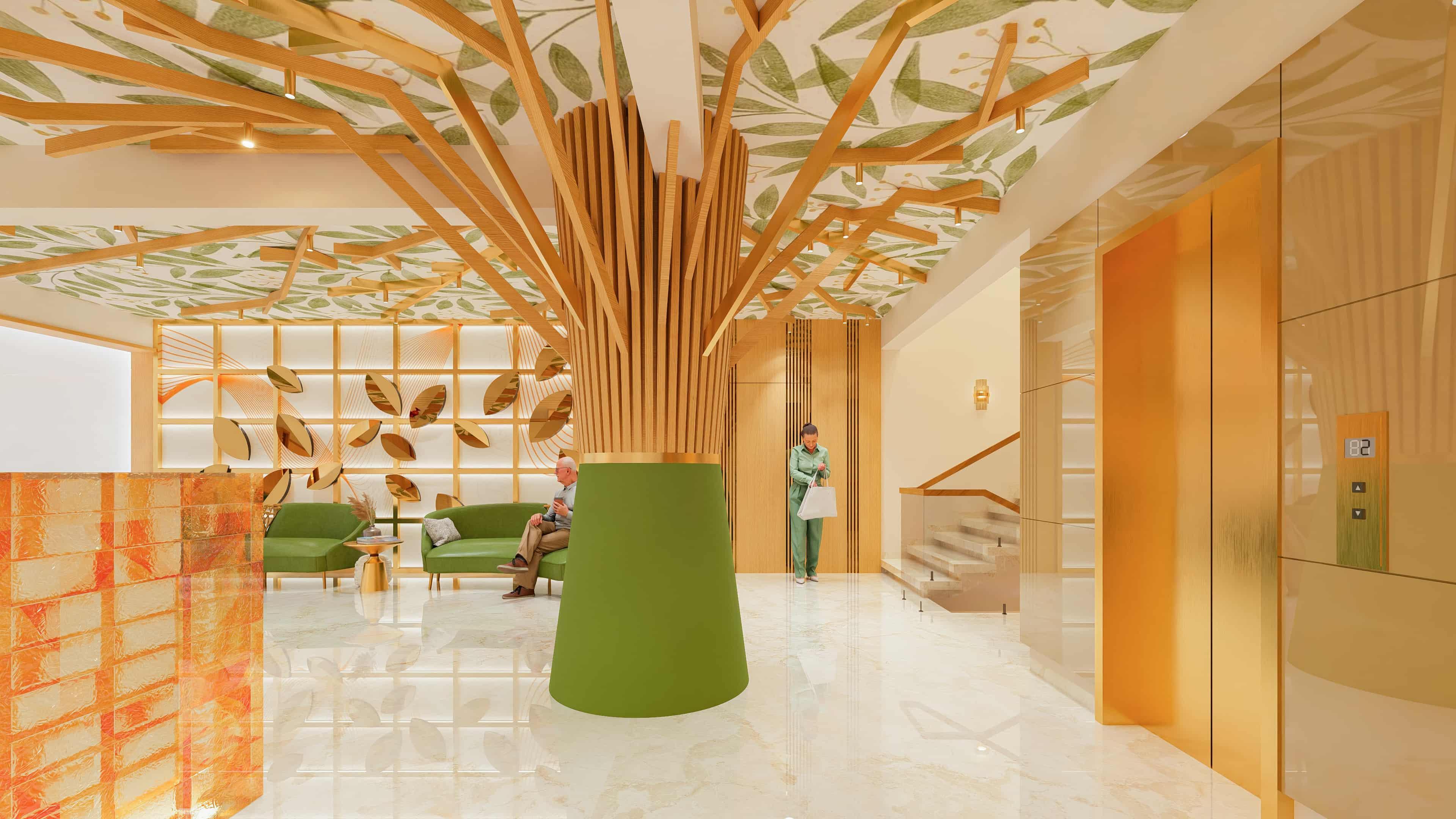 This space redefines arrival with its grand scale and refined aesthetics, vividly visualized by Realarch Studio to showcase an atmosphere of luxury and contemporary elegance.