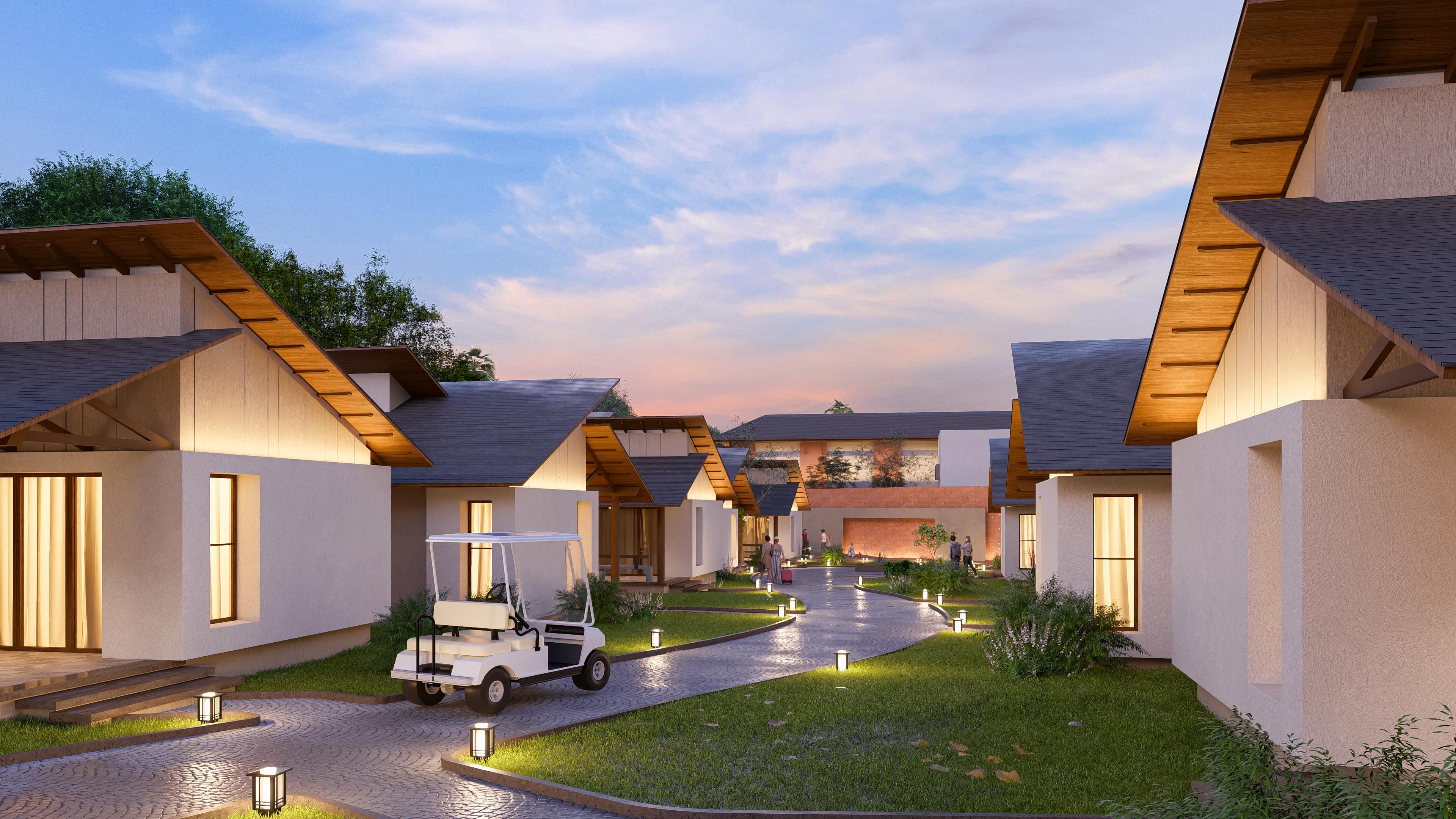 In the golden calm of evening, Royal Ritz Resort glows with quiet elegance, visualization by Realarch Studio that captures the spirit of serene indulgence.