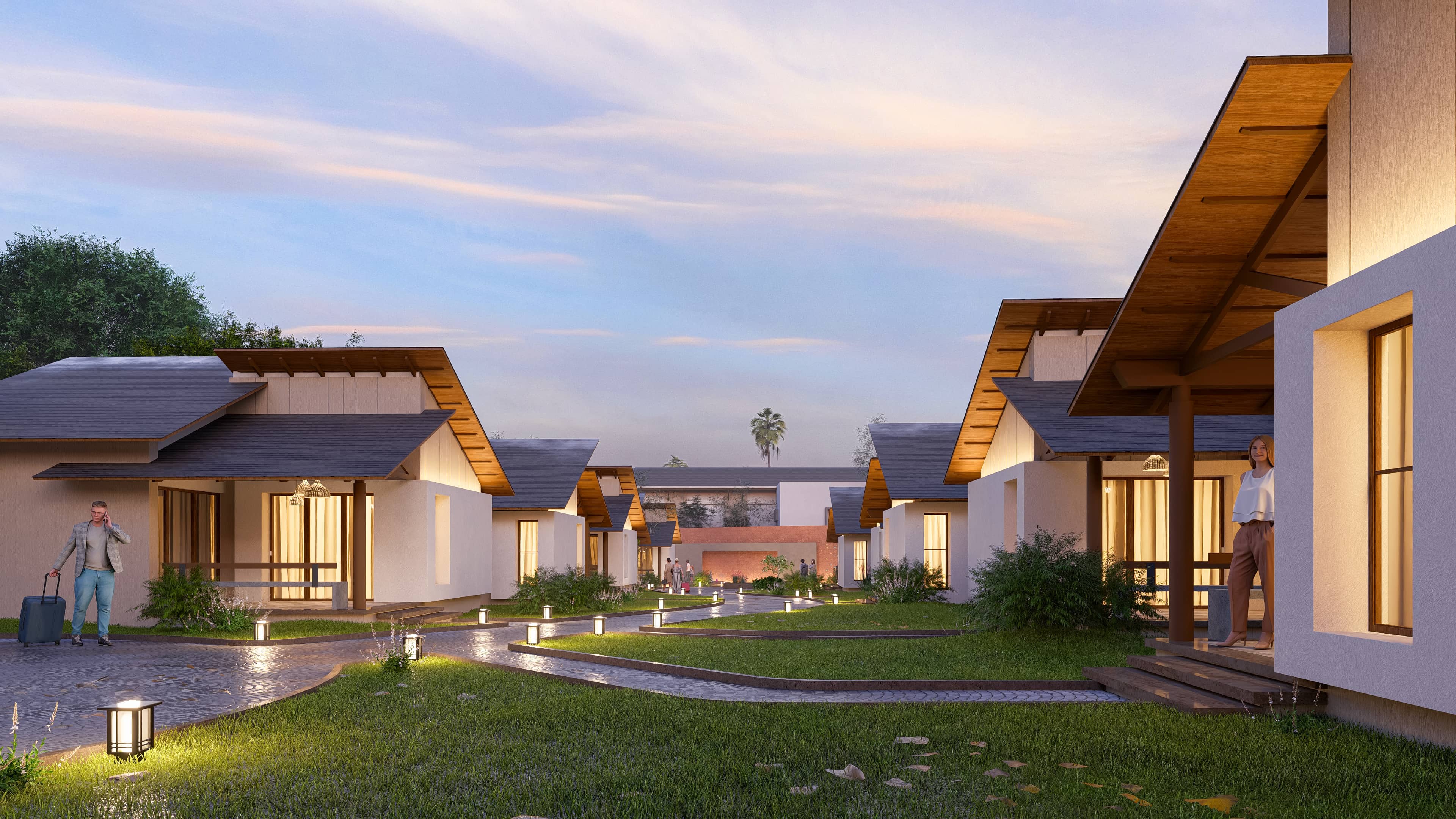 In the golden calm of evening, Royal Ritz Resort glows with quiet elegance, visualization by Realarch Studio that captures the spirit of serene indulgence.