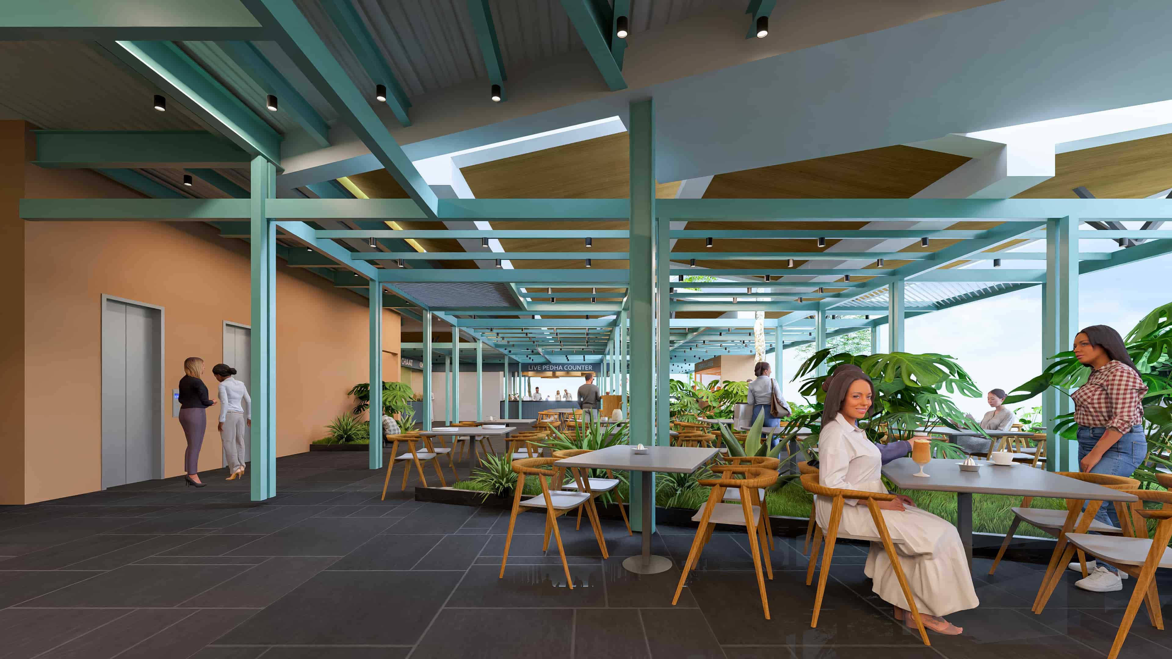 The Big Mishra Food Centre at Gadag is envisioned as a vibrant hub of flavors and gatherings, beautifully visualized by Realarch Studio to capture its lively and welcoming atmosphere.