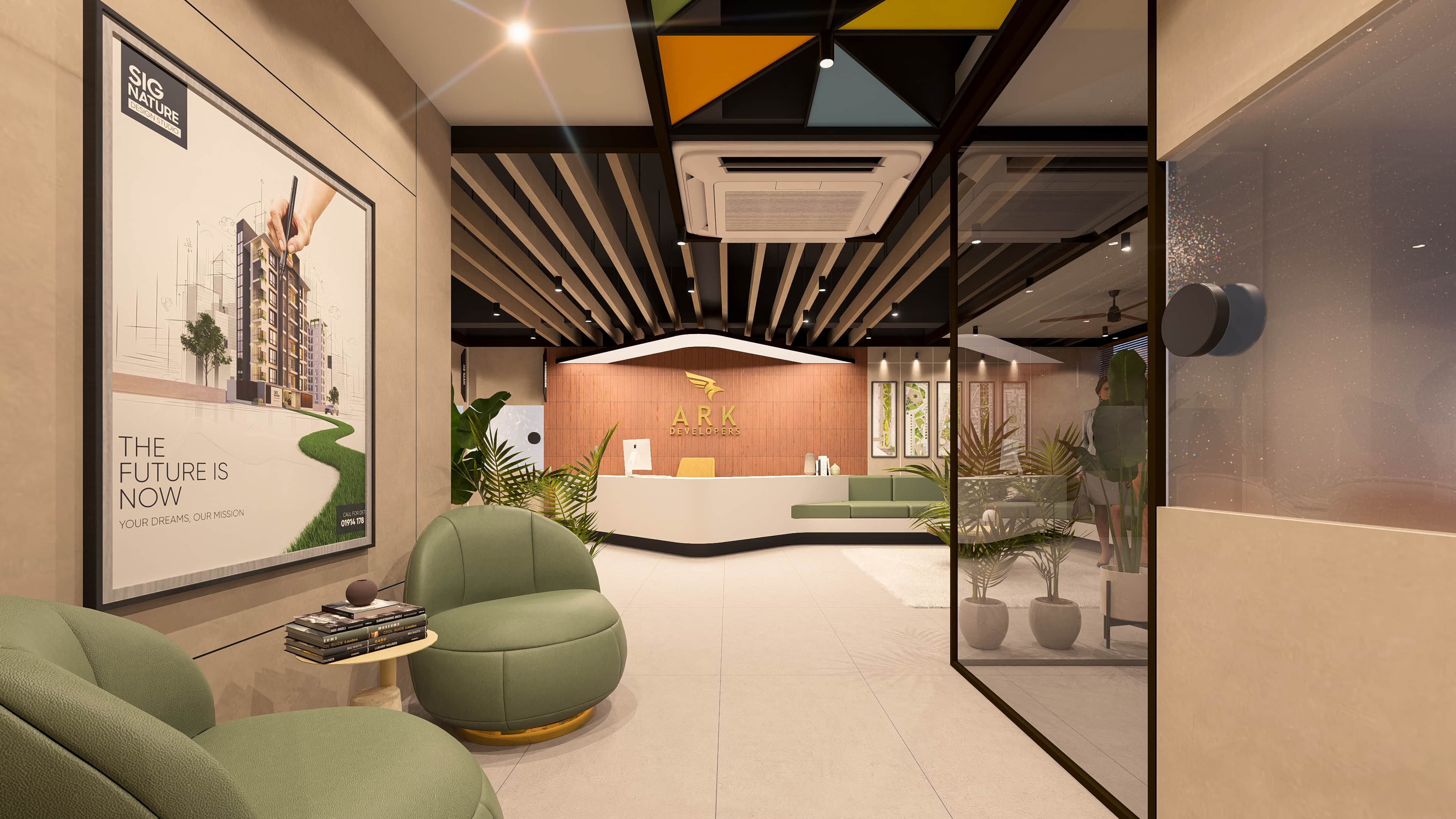 Envisioned as a modern workspace that blends functionality with refined design, visualized by Realarch Studio to capture its professional ambiance and contemporary character.