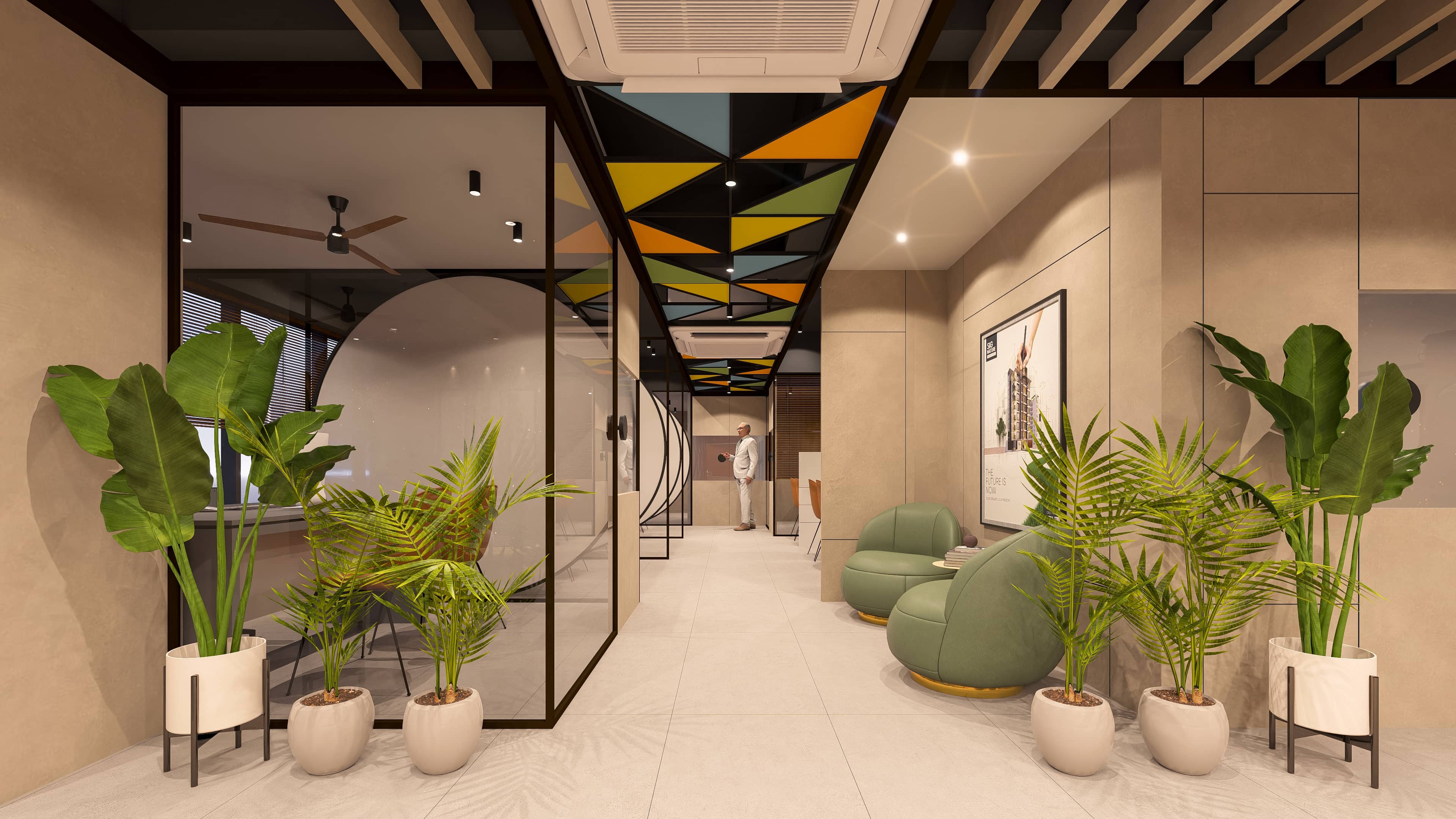 Envisioned as a modern workspace that blends functionality with refined design, visualized by Realarch Studio to capture its professional ambiance and contemporary character.