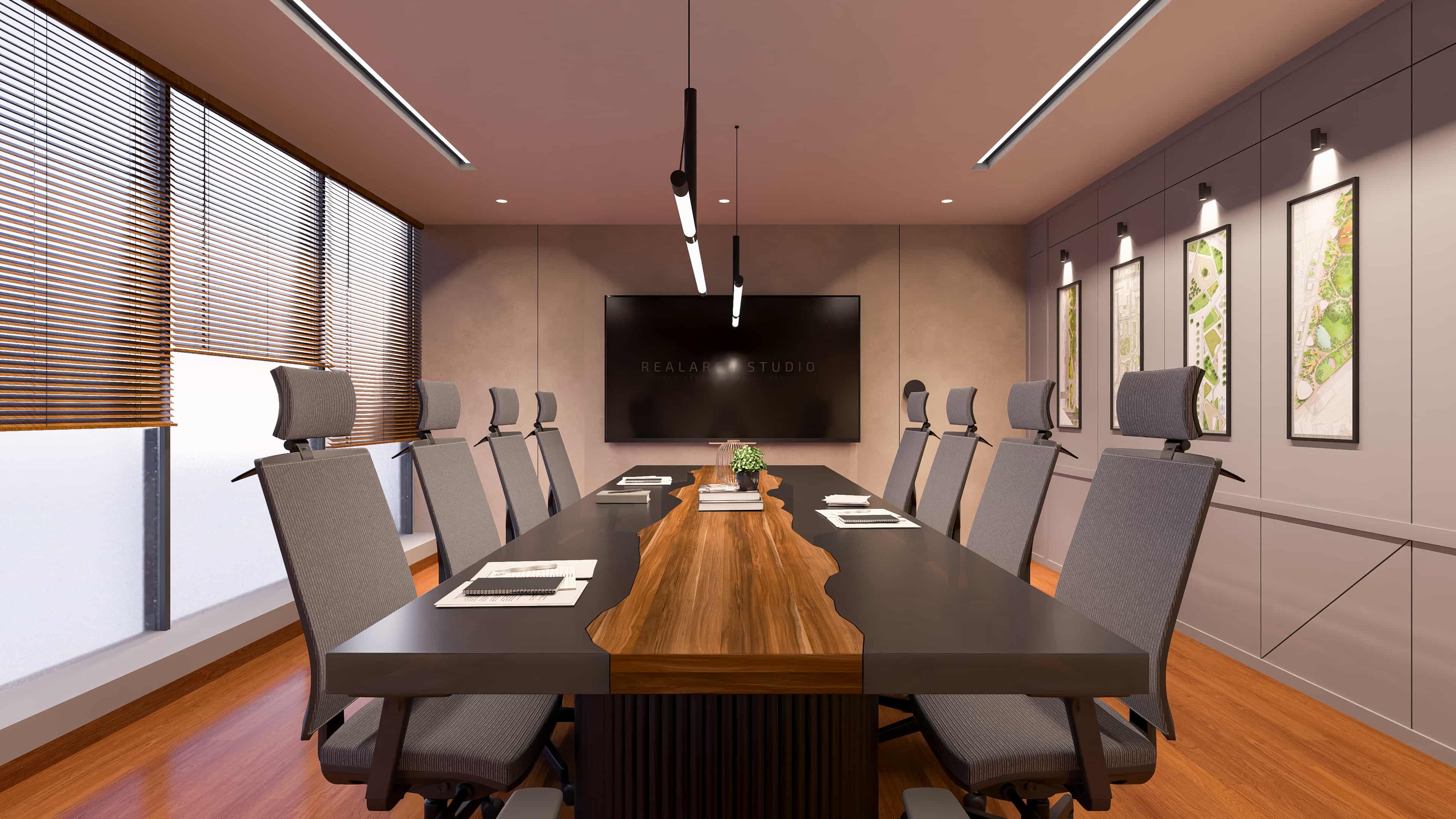 Envisioned as a modern workspace that blends functionality with refined design, visualized by Realarch Studio to capture its professional ambiance and contemporary character.