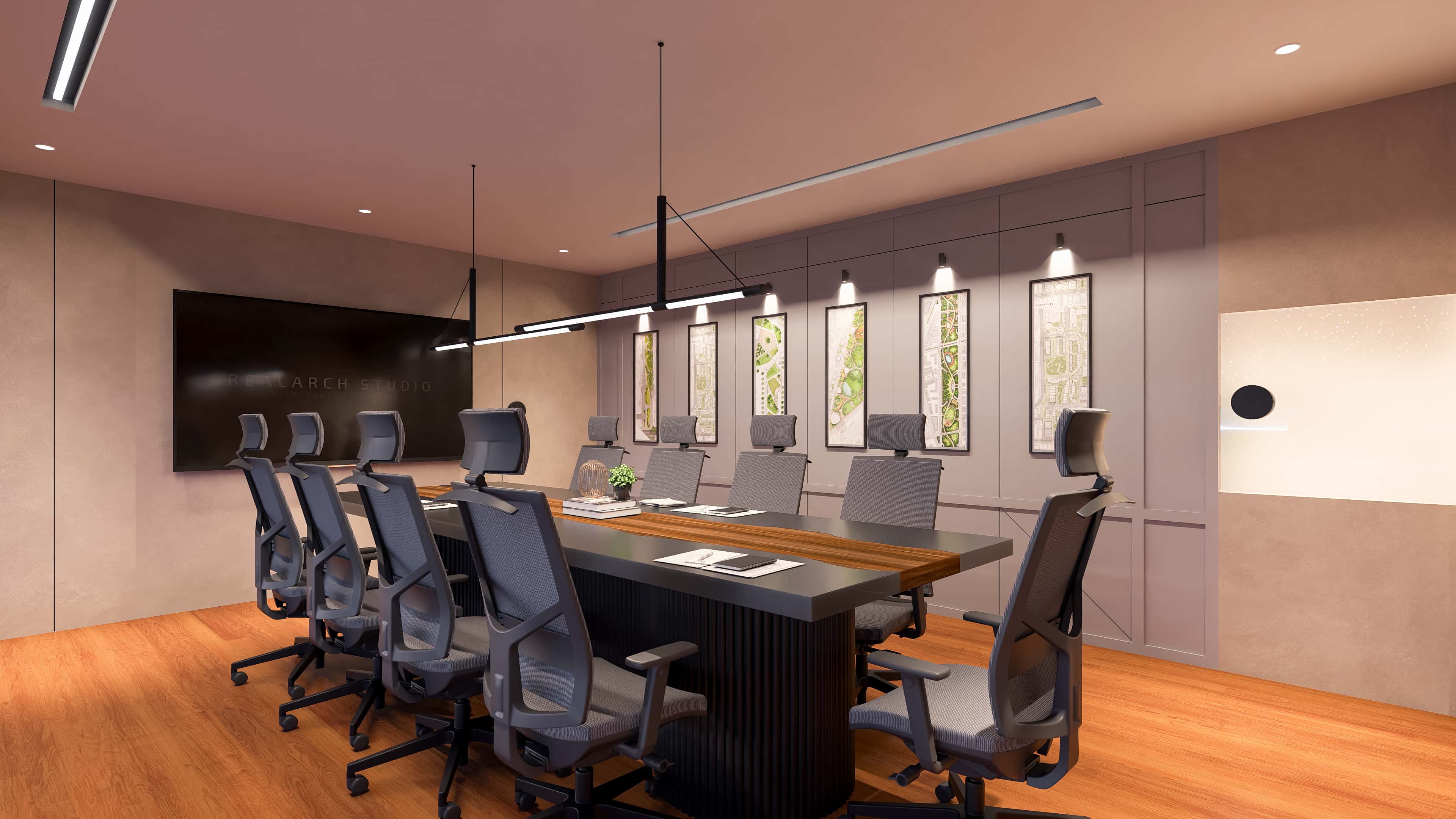 Envisioned as a modern workspace that blends functionality with refined design, visualized by Realarch Studio to capture its professional ambiance and contemporary character.