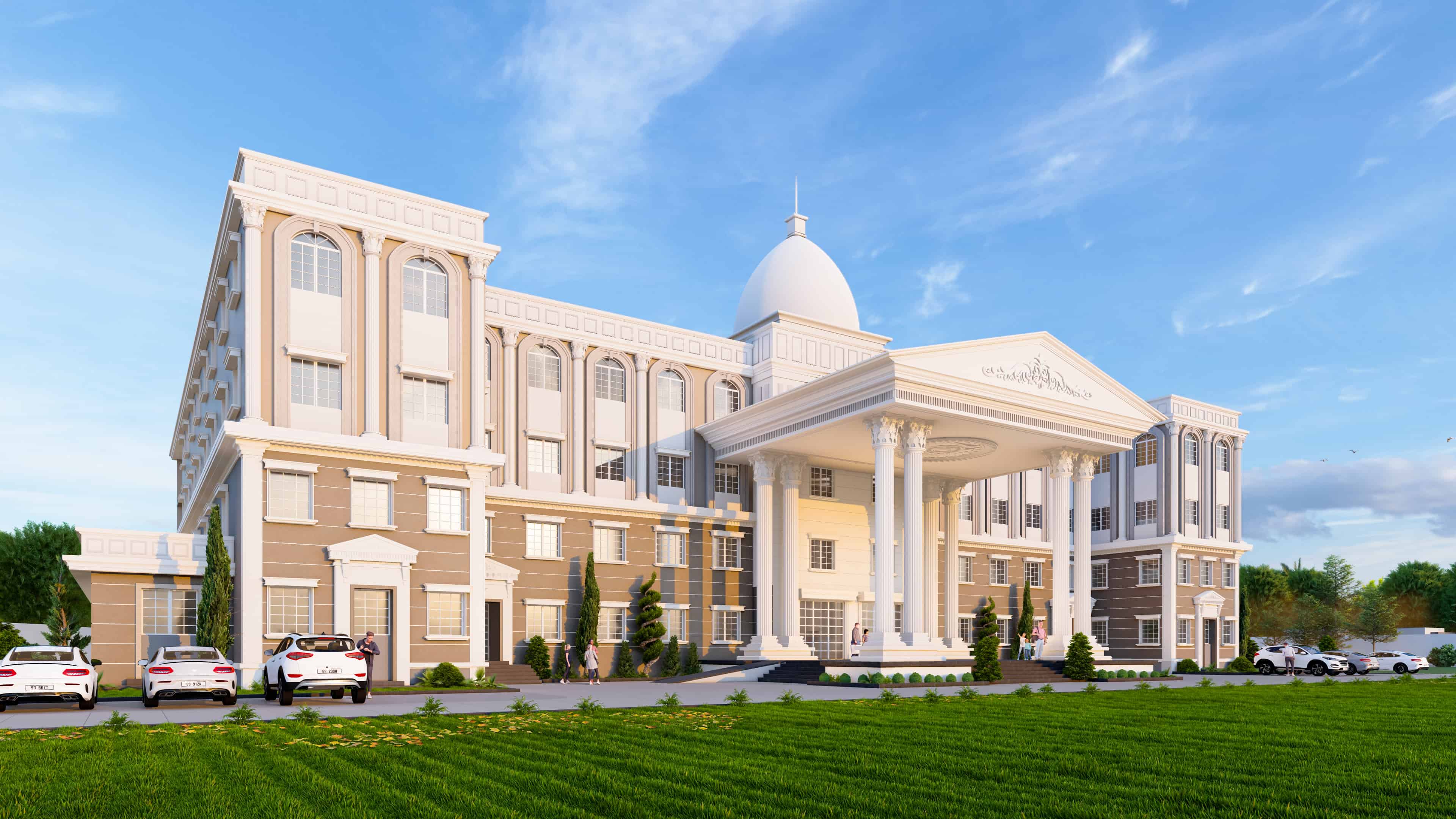 This school building, designed in a classical architectural style and visualized by Realarch Studio, reflects a sense of academic excellence through its grand form.