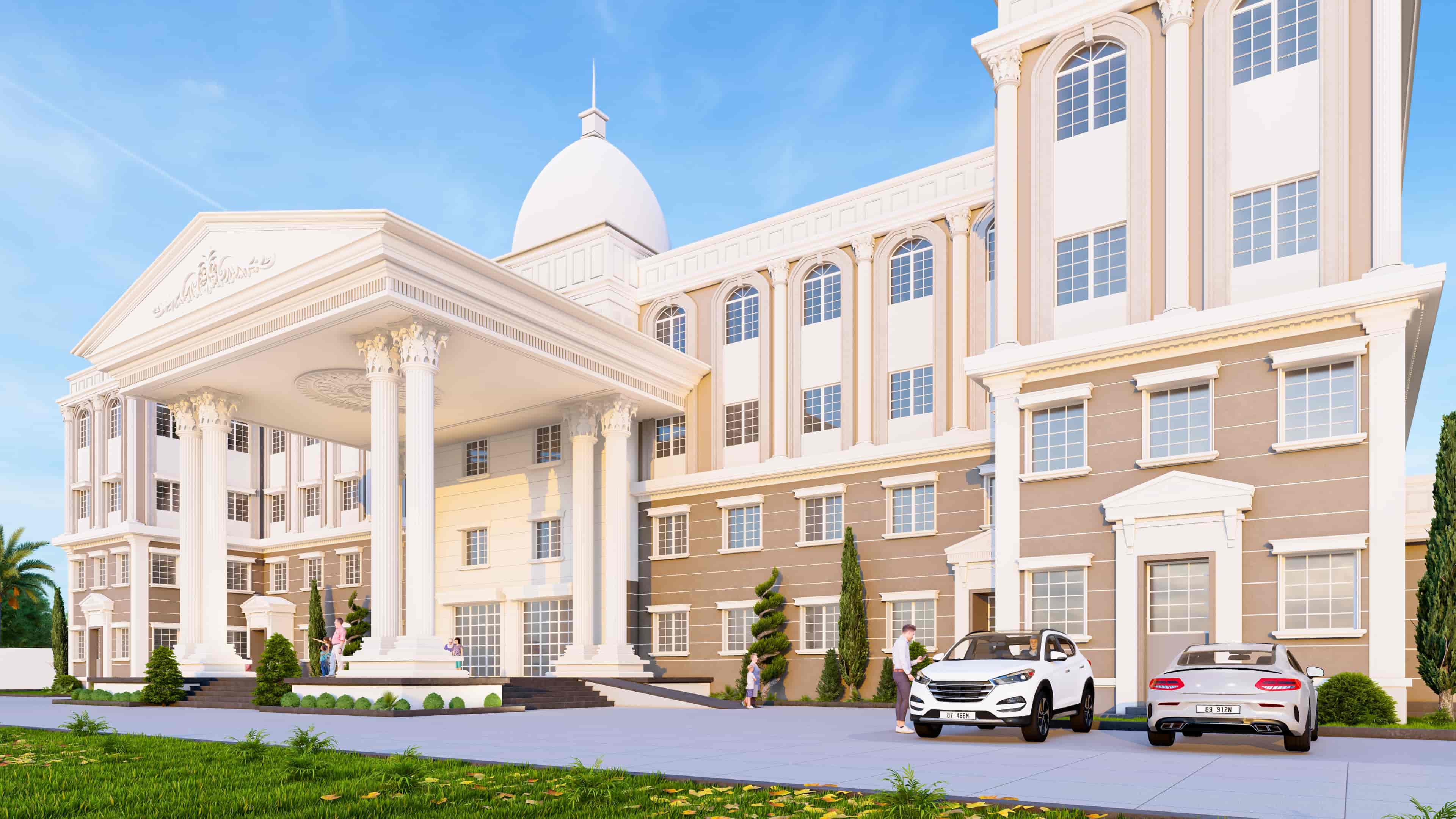 This school building, designed in a classical architectural style and visualized by Realarch Studio, reflects a sense of academic excellence through its grand form.