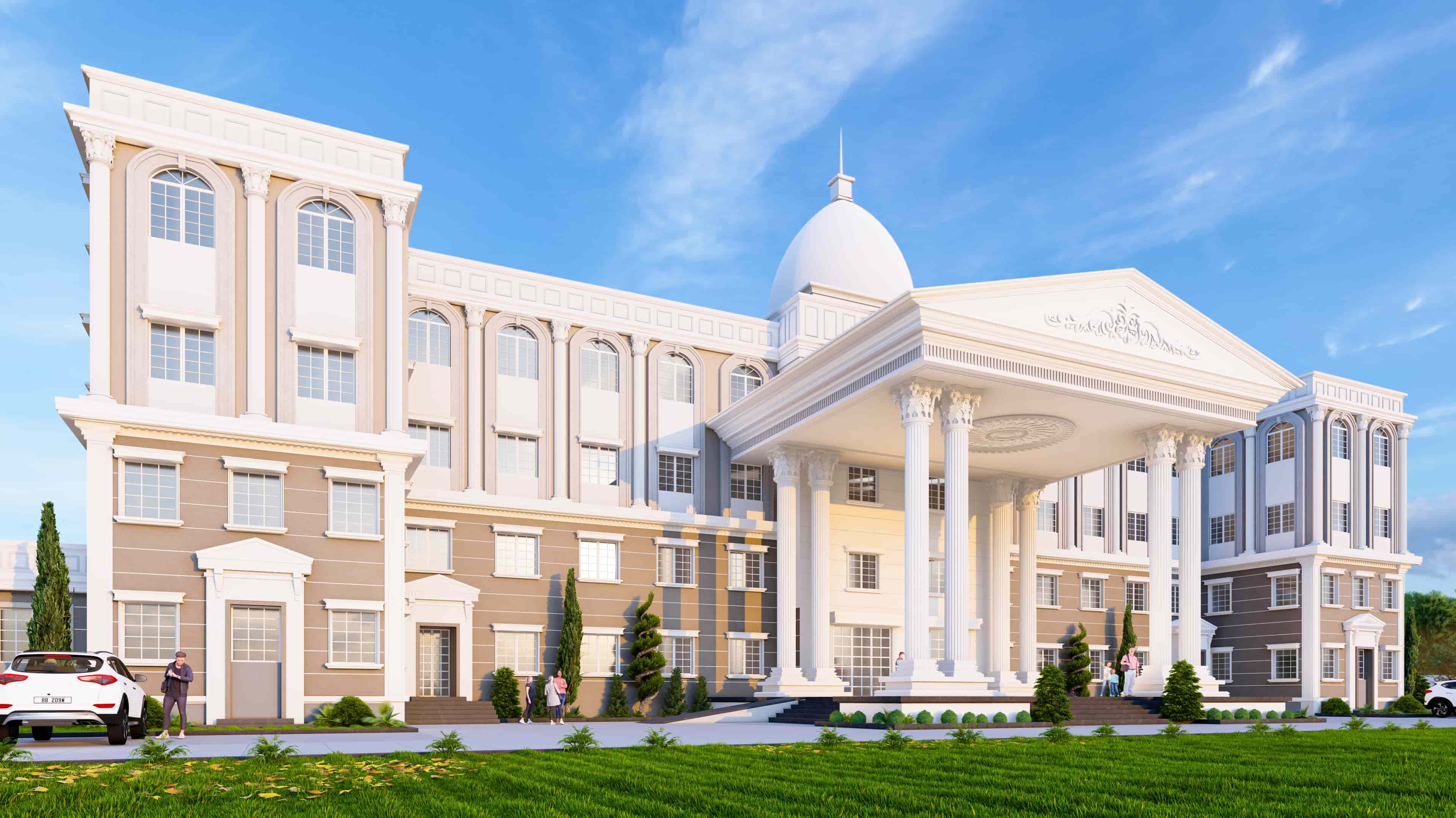 This school building, designed in a classical architectural style and visualized by Realarch Studio, reflects a sense of academic excellence through its grand form.