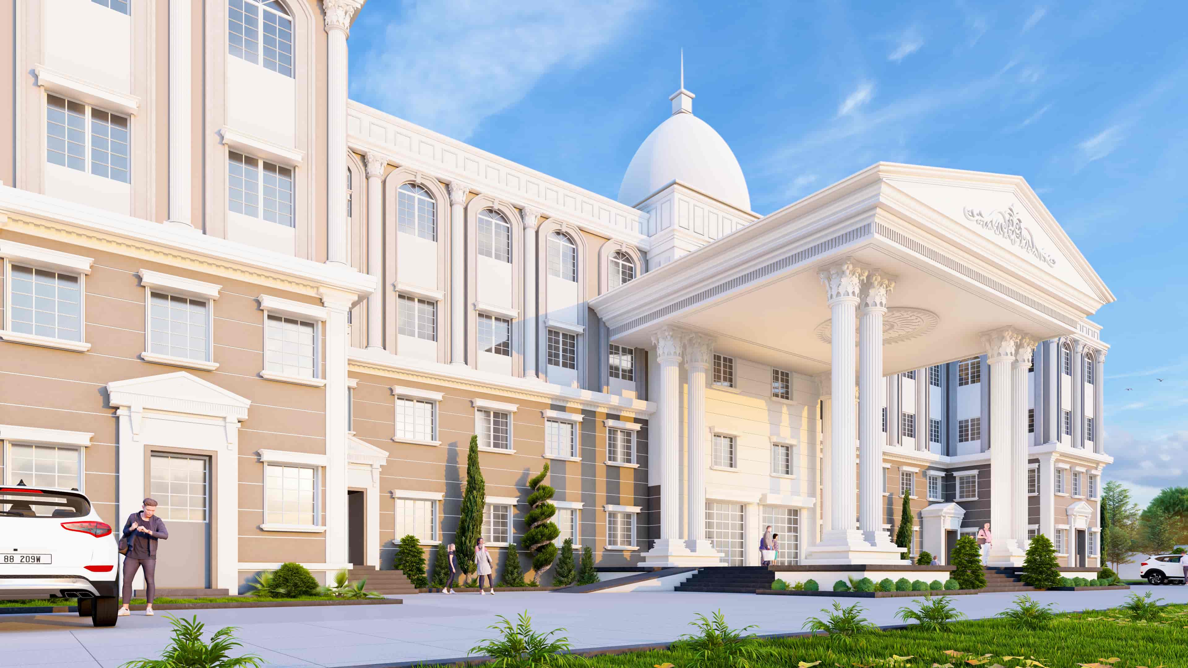 This school building, designed in a classical architectural style and visualized by Realarch Studio, reflects a sense of academic excellence through its grand form.